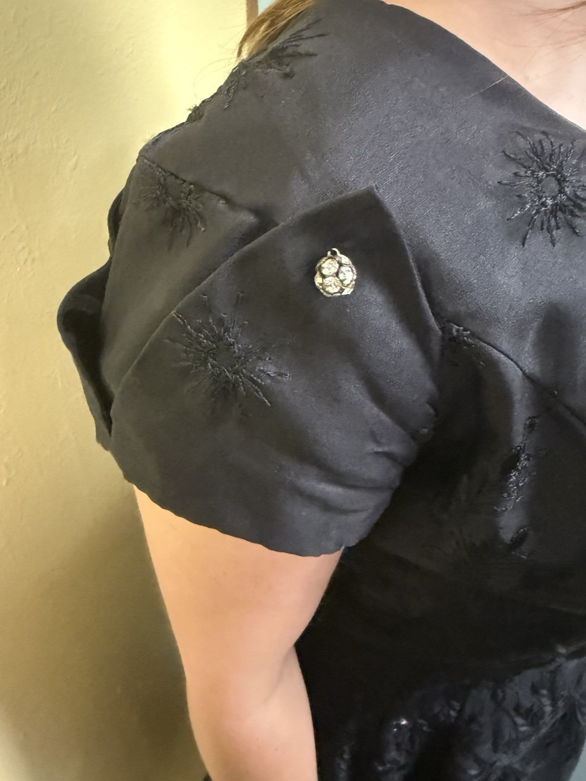 Vintage 50s/60s Pinup Black Polished Cotton Embroidered Cocktail Evening Dress S