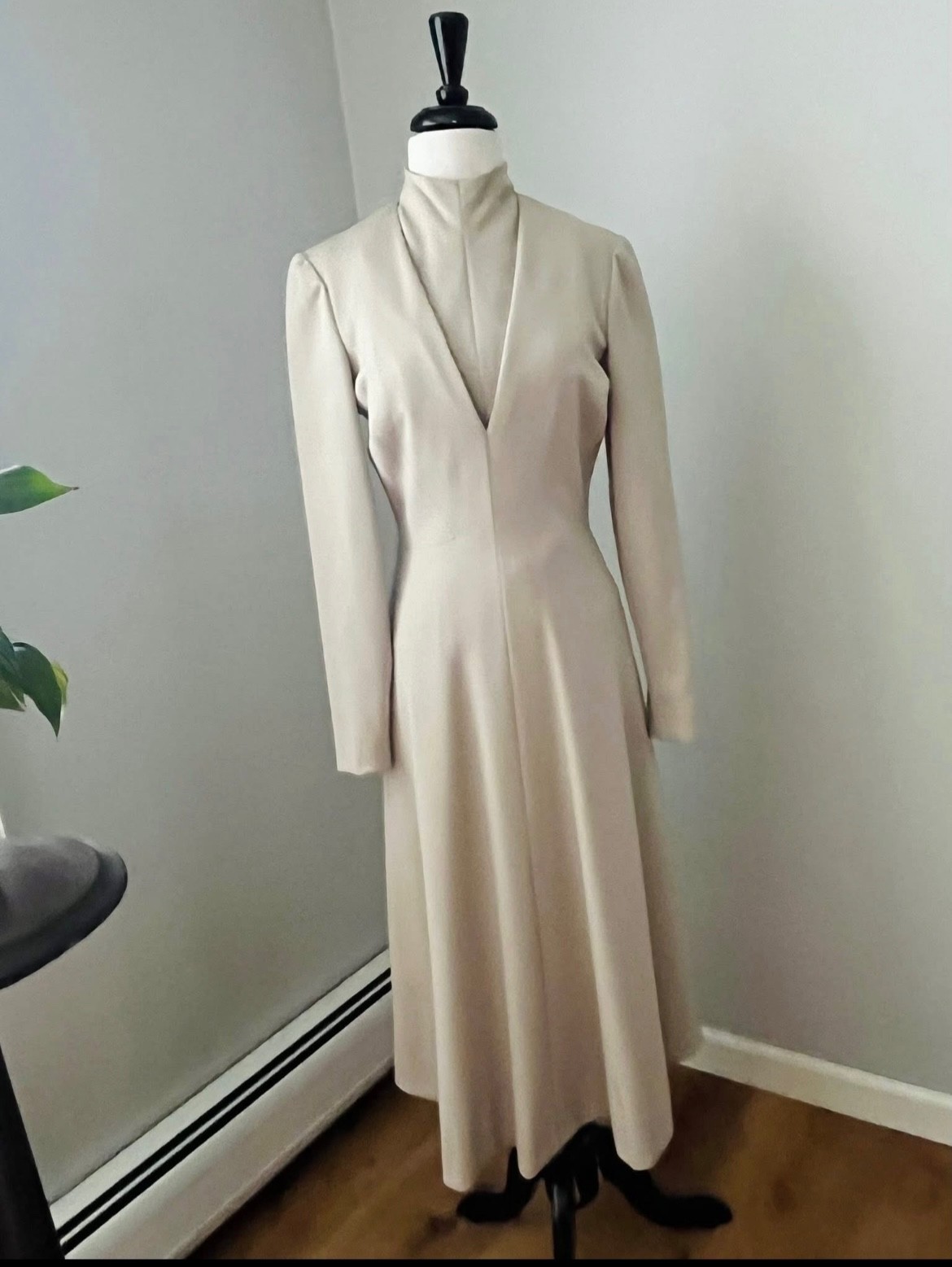 Vintage 1960s Pauline Trigere’ Dress Deep V Beige Lined Wool 2 Piece Size S M