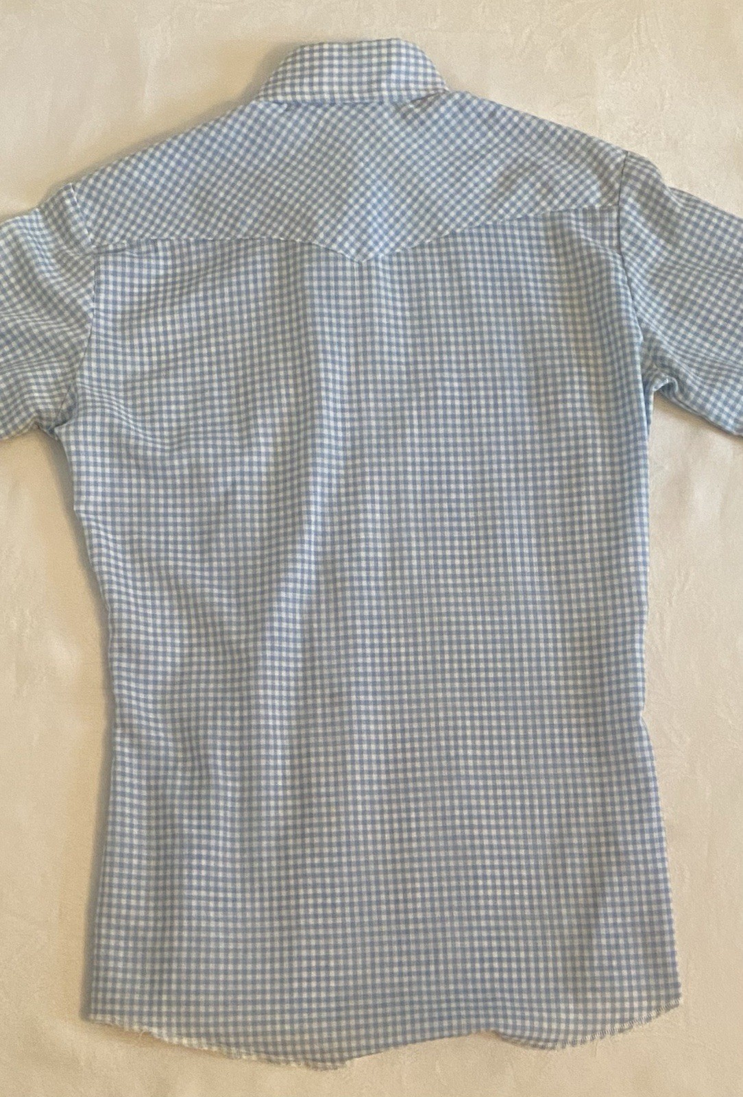 Vintage Wrangler Pearl Snap Western Shirt Womens Blue Gingham Size S Made In USA