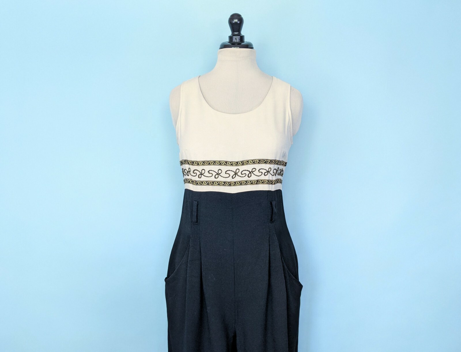 Vintage 60s Two Toned Embroidered Jumpsuit, 1960s Wide Leg Rayon Jumpsuit