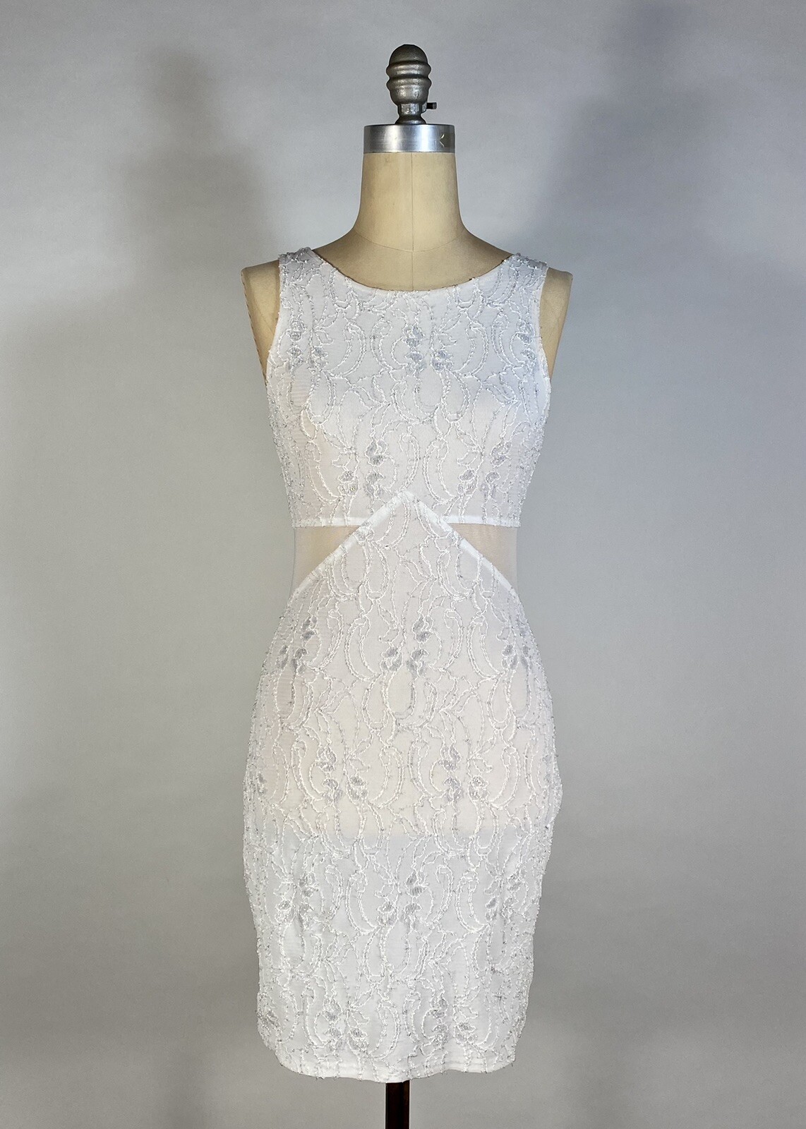 Vintage 1990’s bodycon white LACE & silver metallic threads dress w/mesh panels