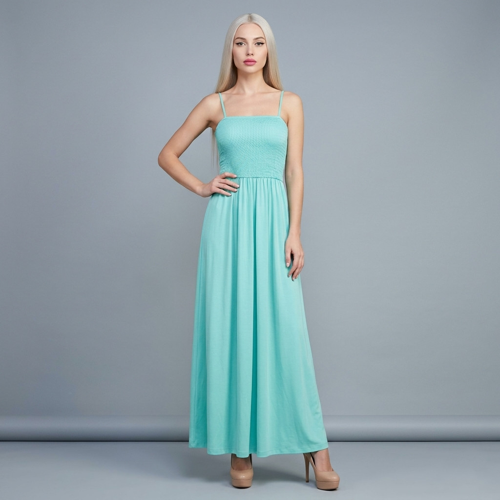M Vintage 1970s Mint Green Aqua Silky Casual Sleeveless Maxi Dress 70s