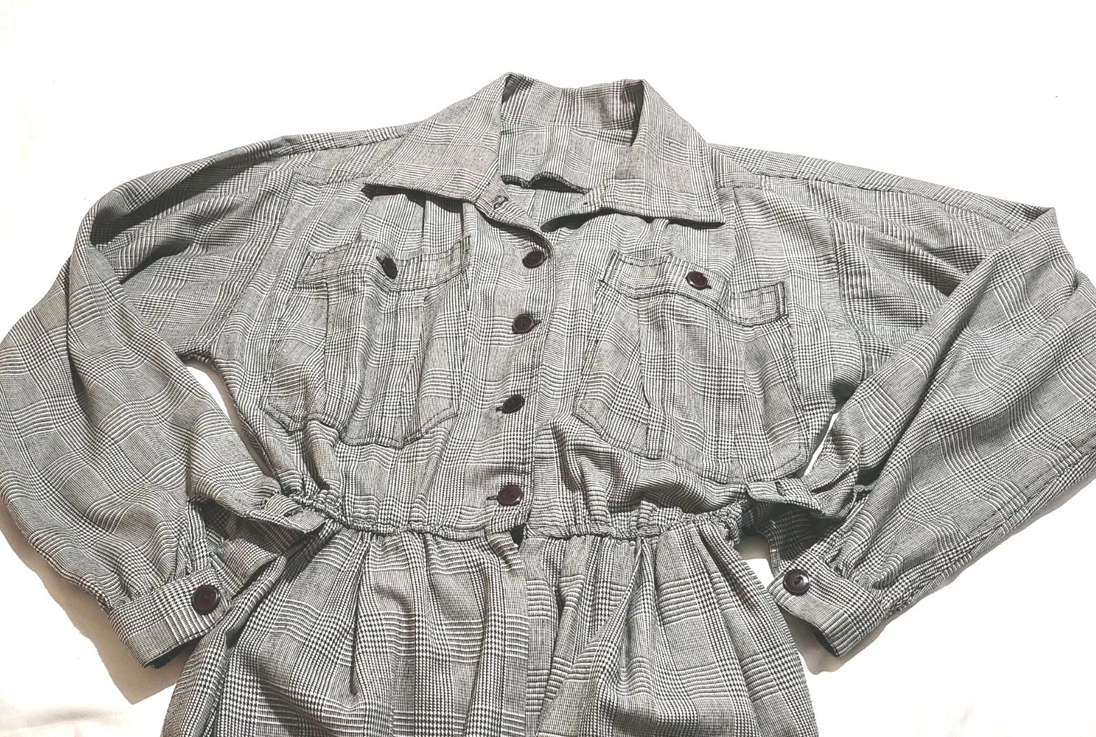VTG 80s Black & White Houndstooth Check Button Up Jumpsuit w/Red Belt LS Sz S/M