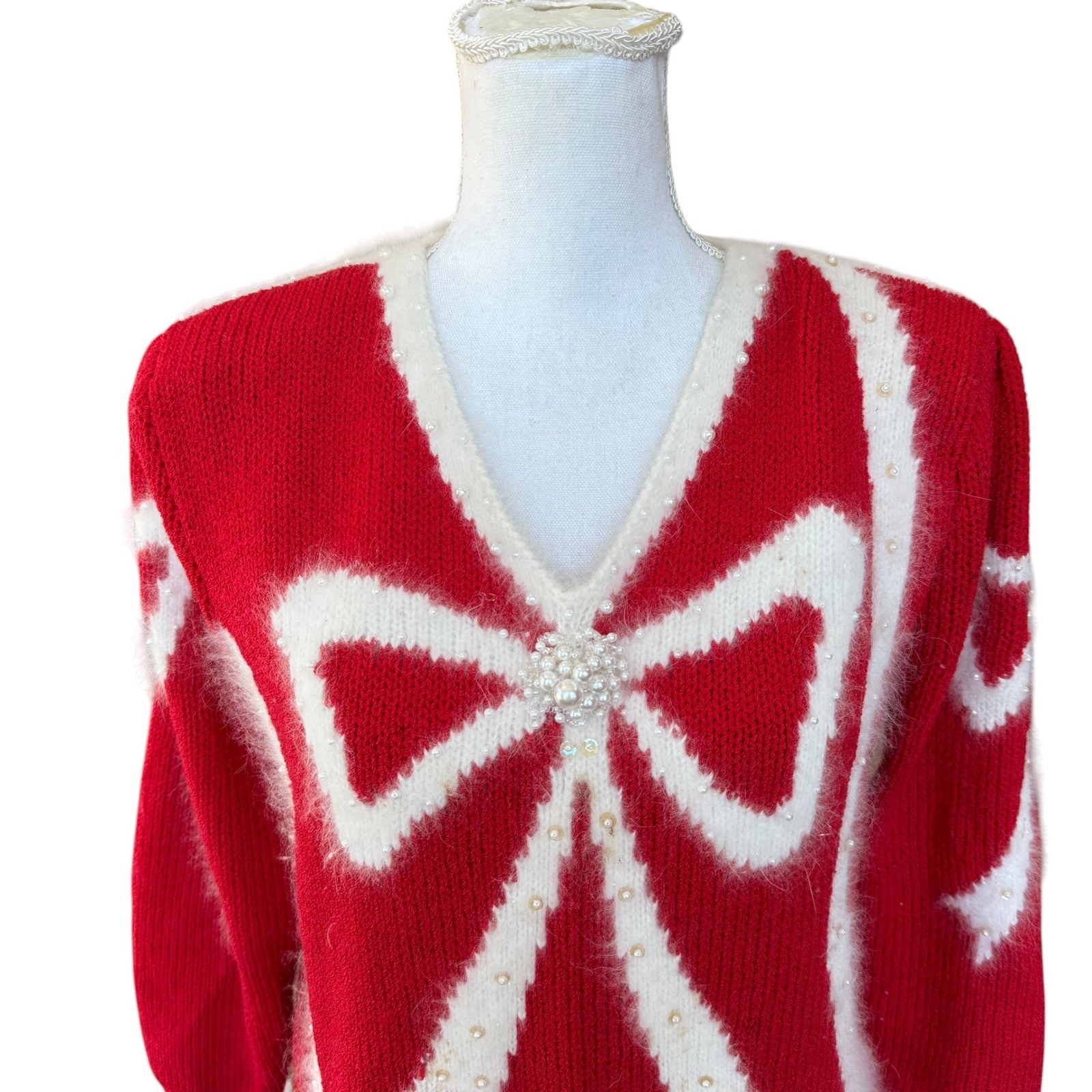 Vintage Christine Red Bow Sweater Angora Pearl Embellished Holiday Christmas M