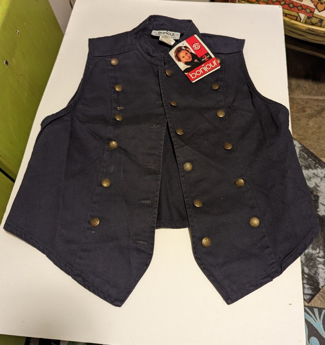 Vintage 80s Bonjour Military Denim Vest WITH TAGS! New Wave