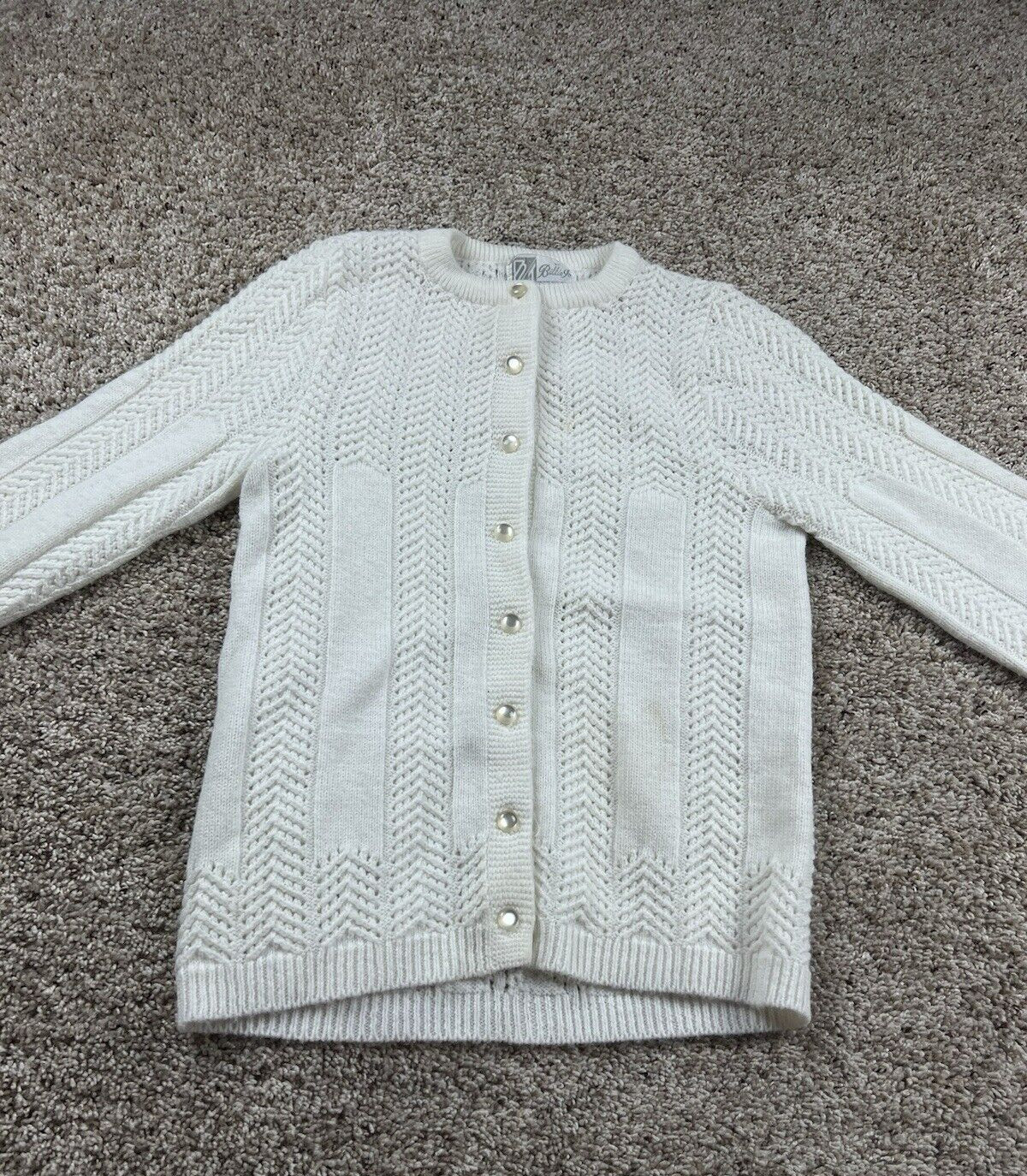 Vintage 60s Billie Jo Cardigan Sweater Medium Womens White Long Sleeve Button Up