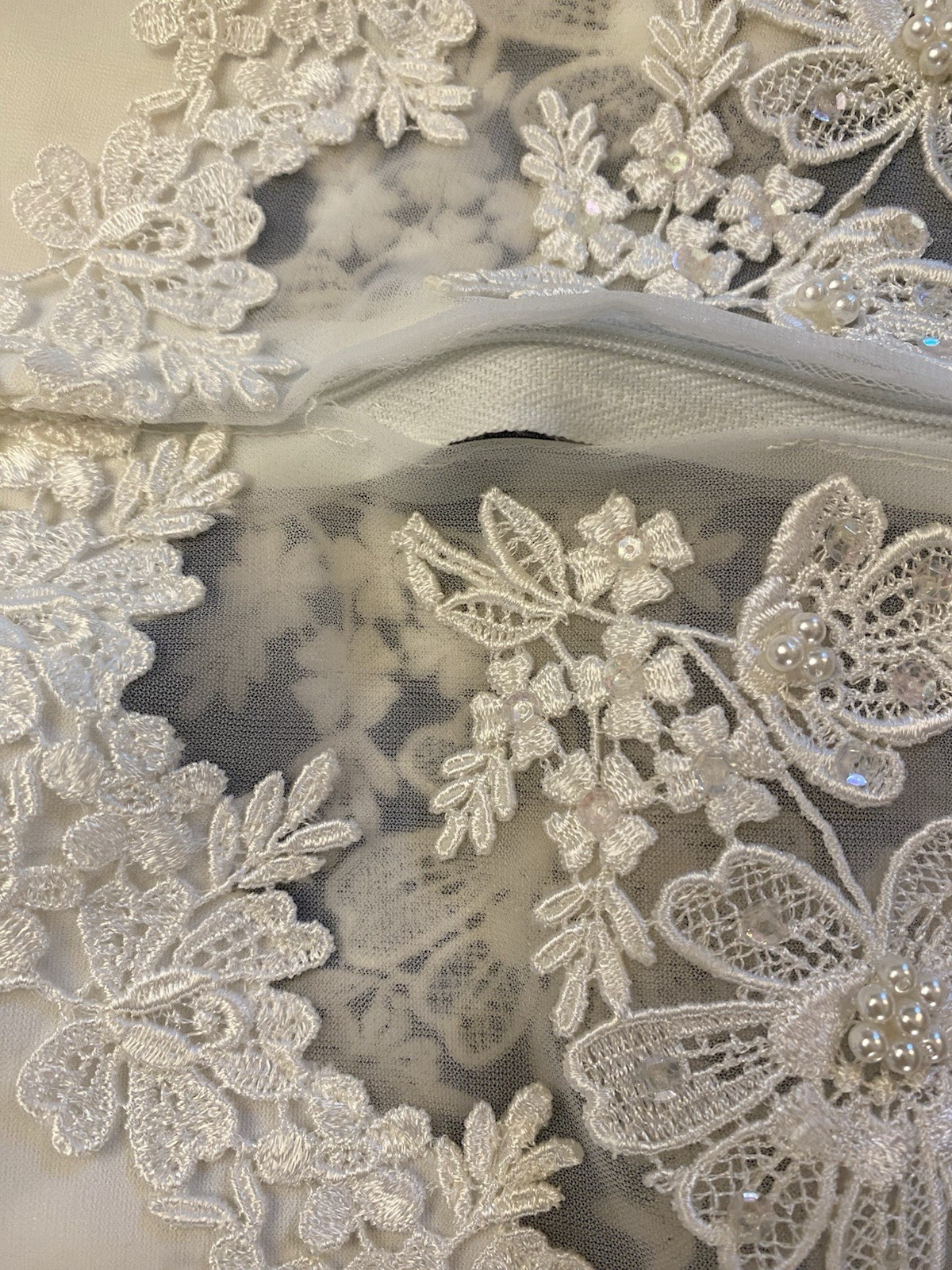 Vintage Lace Pearl Appliqué High Neck Long Sheer Sleeve 1970s Wedding Gown S/M