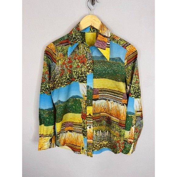 Vintage Western Prairies Mountain Button Down Shirt Disco Retro 70s Women M