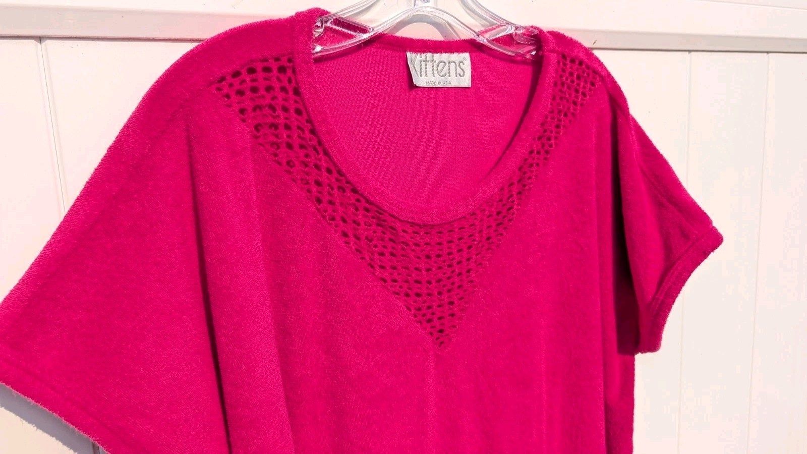 Vintage Hot Pink Terry Cloth Crochet Mesh Lounge Dress Swim Cover Up 80s Kittens