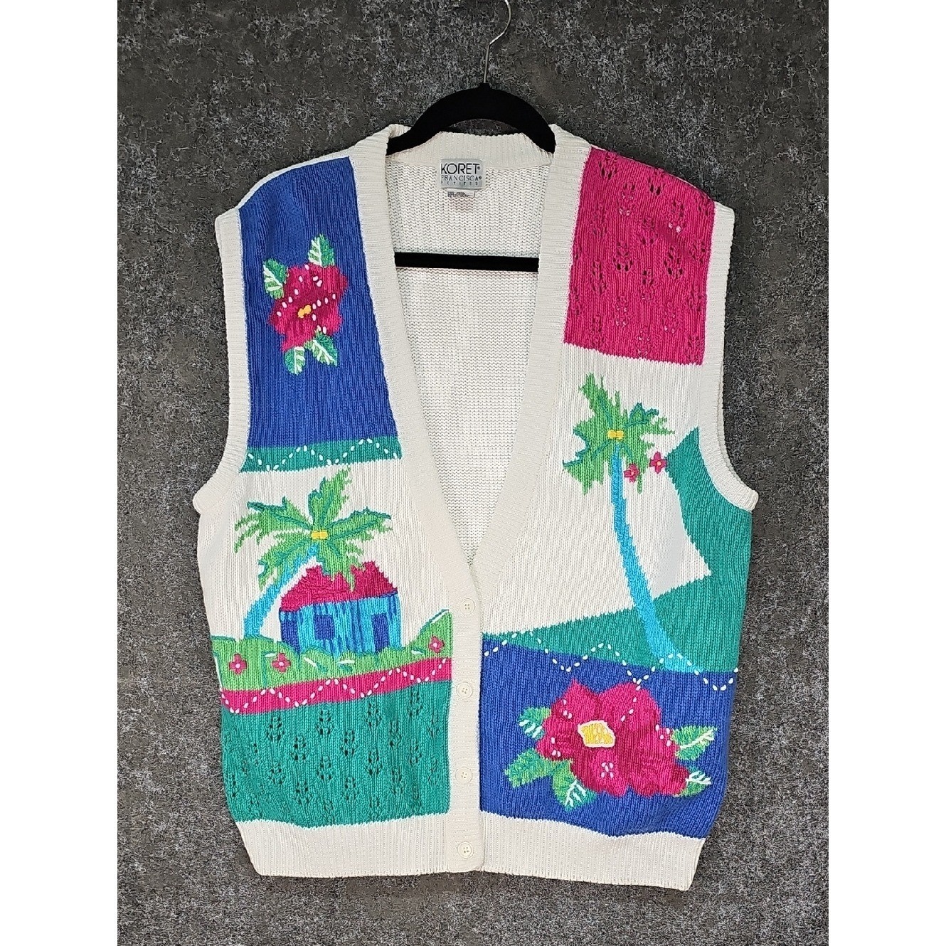90s Koret Francisca Petites Oversized Tropical Embroidered Sweater Vest, Large