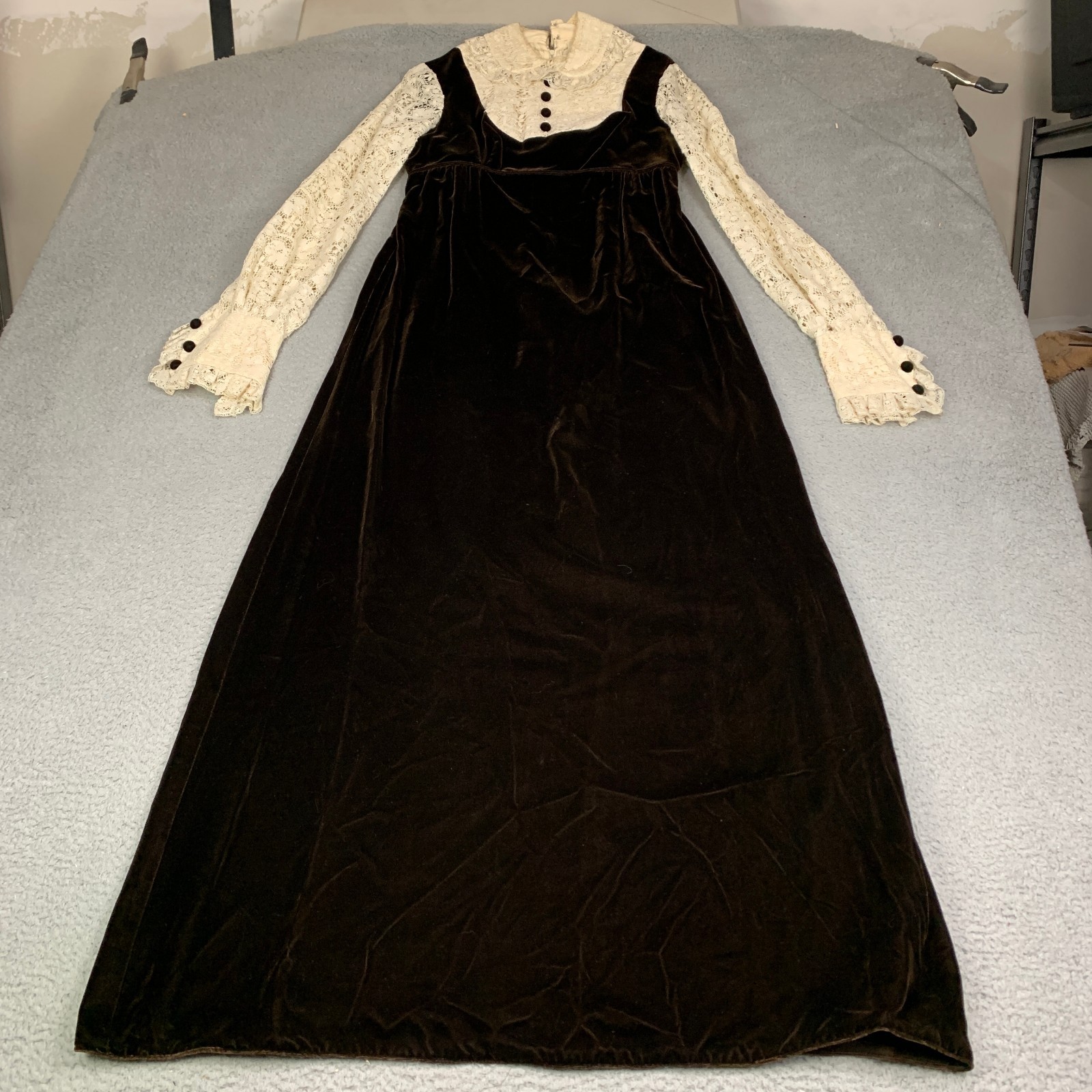 60s Vintage Bib Lace Front Velvet Mod Hippie Maxi Dress Prairie Wedding 57″