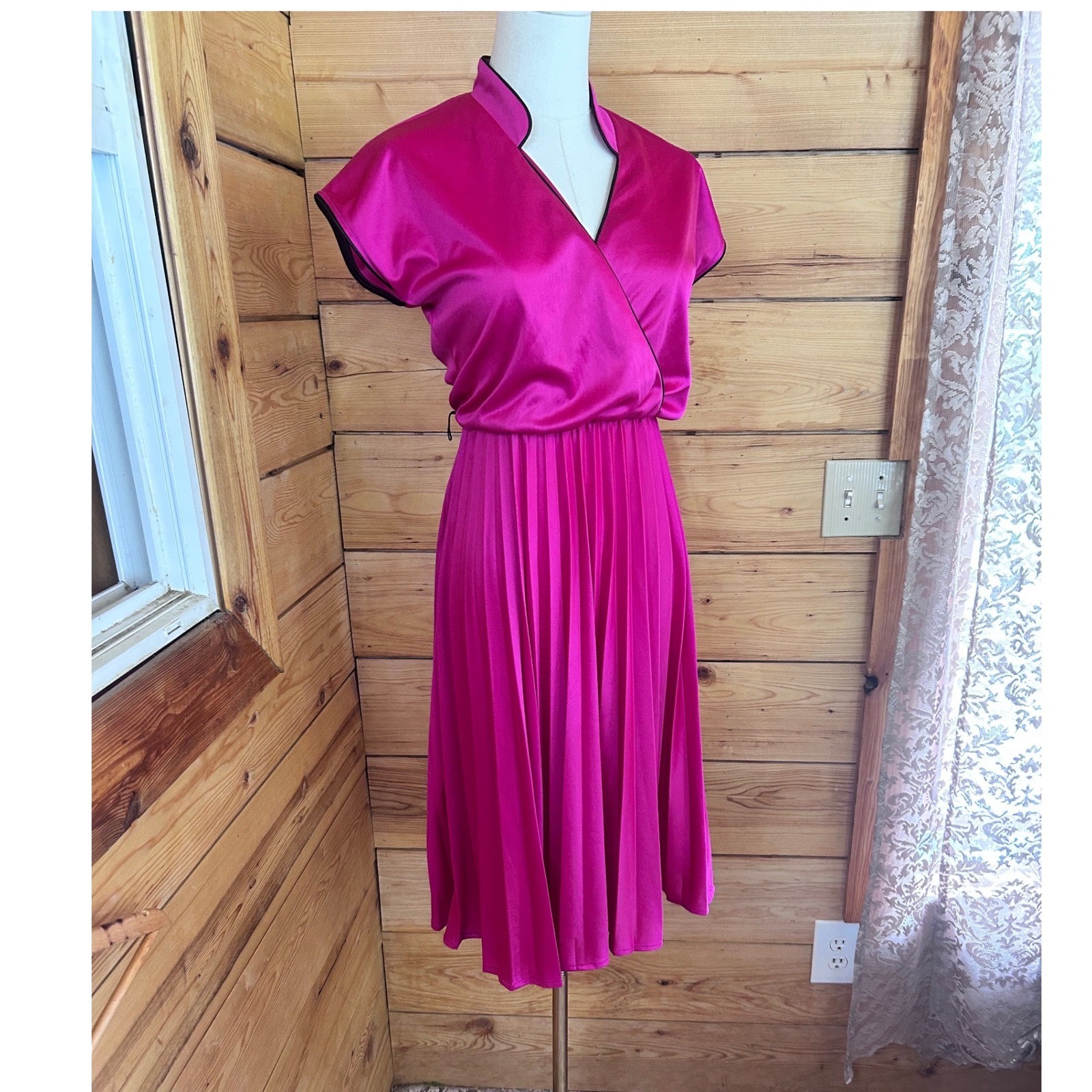 Vintage Magenta Satin Dress Medium Hot Pink Pleated Midi Joyce Palmer Asian Y2K