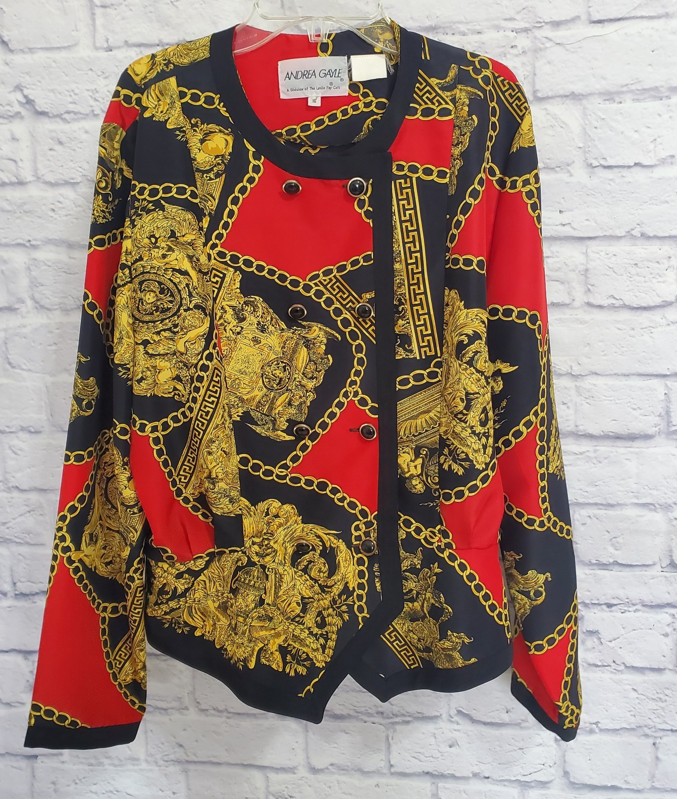 Vintage Baroque Chain Print Jacket Blouse Red Black Gold Button Front Size L XL