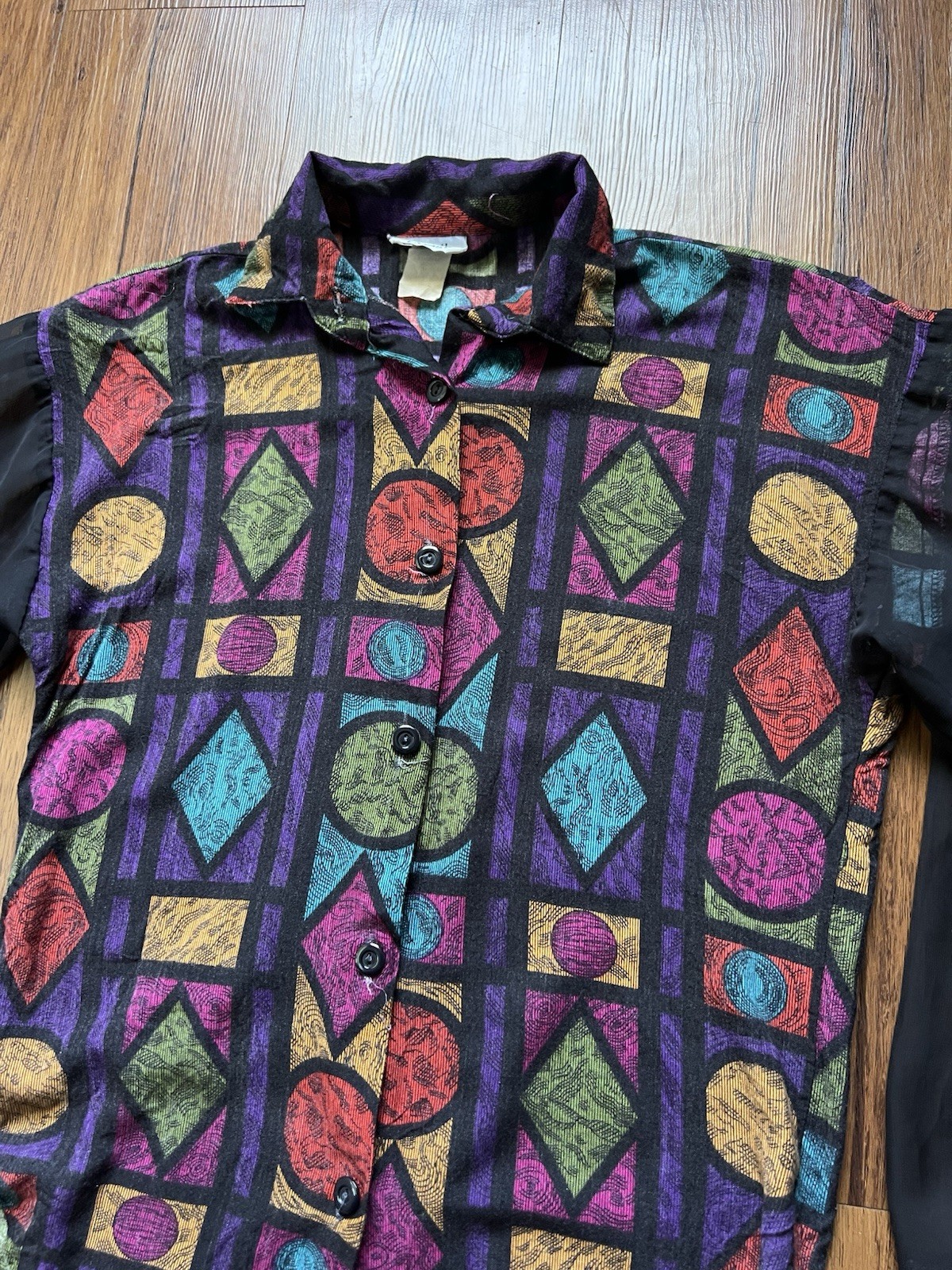Vintage 80s 90s Shirt Women’s Small Multicolor Geometric Sheer Sleeves Retro
