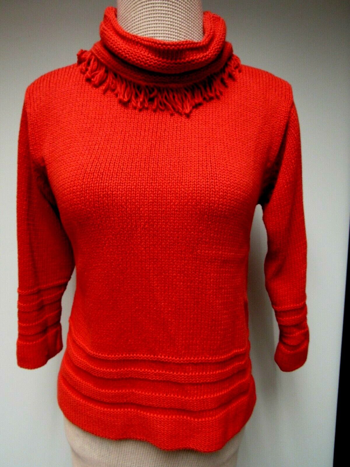 VTG FIA ITALIA Cotton Blend Sweater Top Fringe Hand Loomed Blood Orange Red S EV