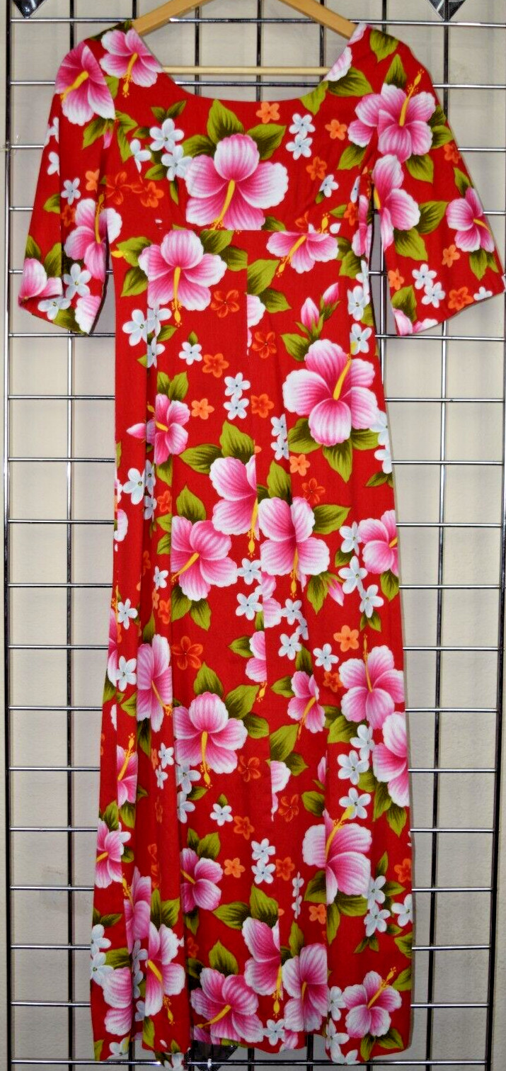 Vintage Hawaiian Dress Size S/M 60s Ui-Maikai Cherry Red Pink Hibiscus Cotton
