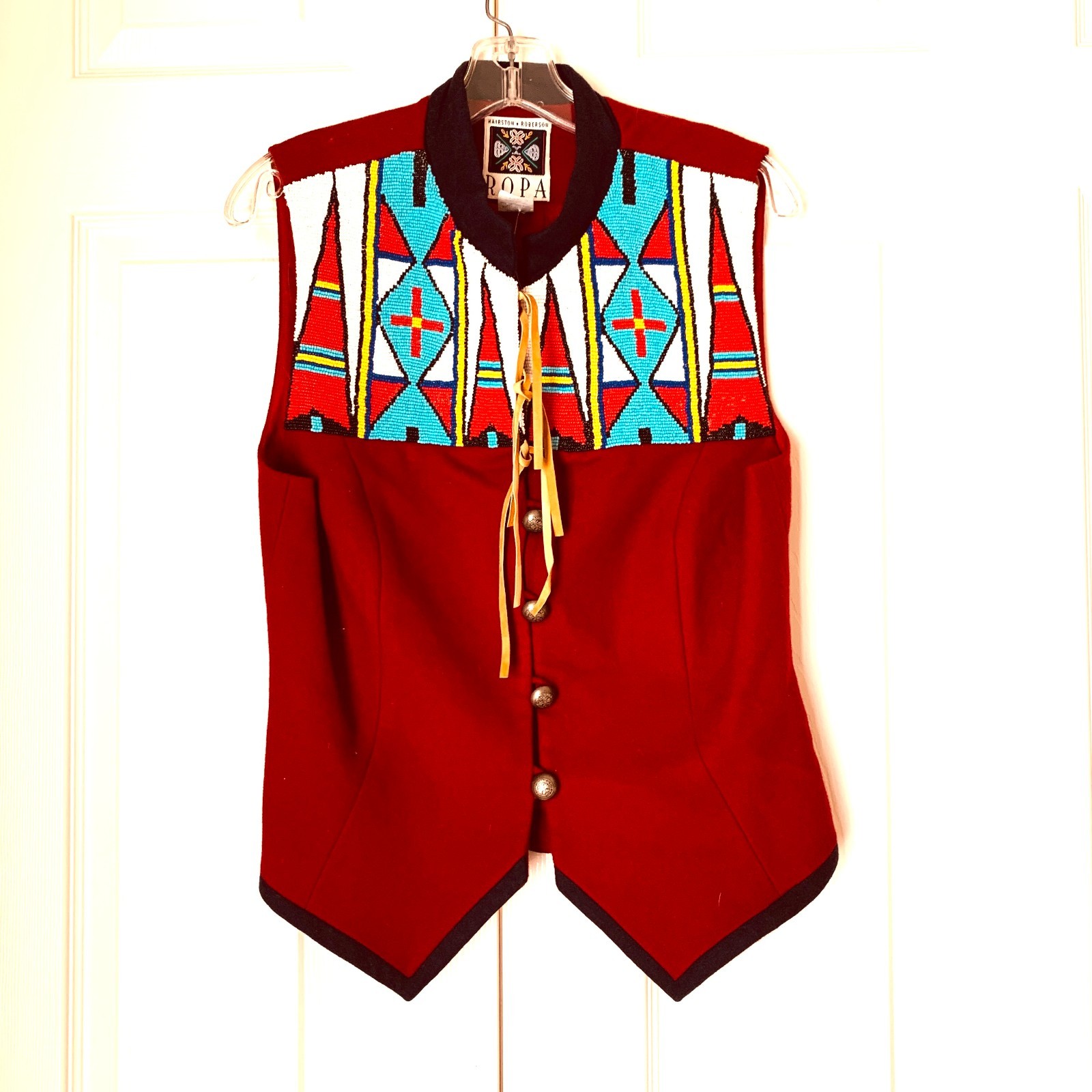 Vintage Western Beaded Vest Wool Blend Size 8 – Native American Inspired, Pewter