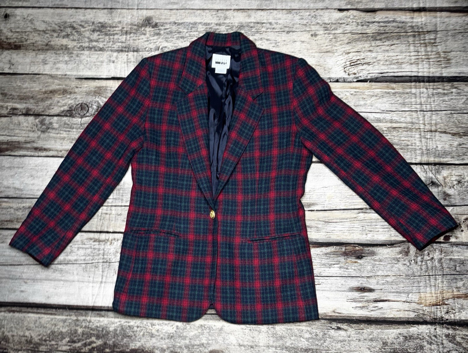 VTG Leslie Fay Wool Blend Plaid Blazer Jacket 6 Petite Red Green Crest Button