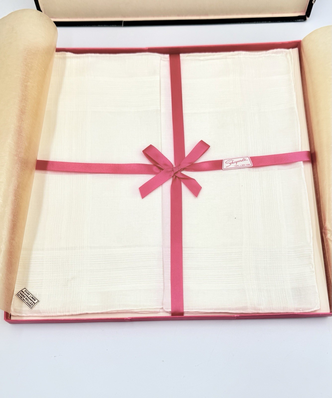 Vintage SCHIAPARELLI Pure Linen Hand Rolled Handkerchiefs In Original Box