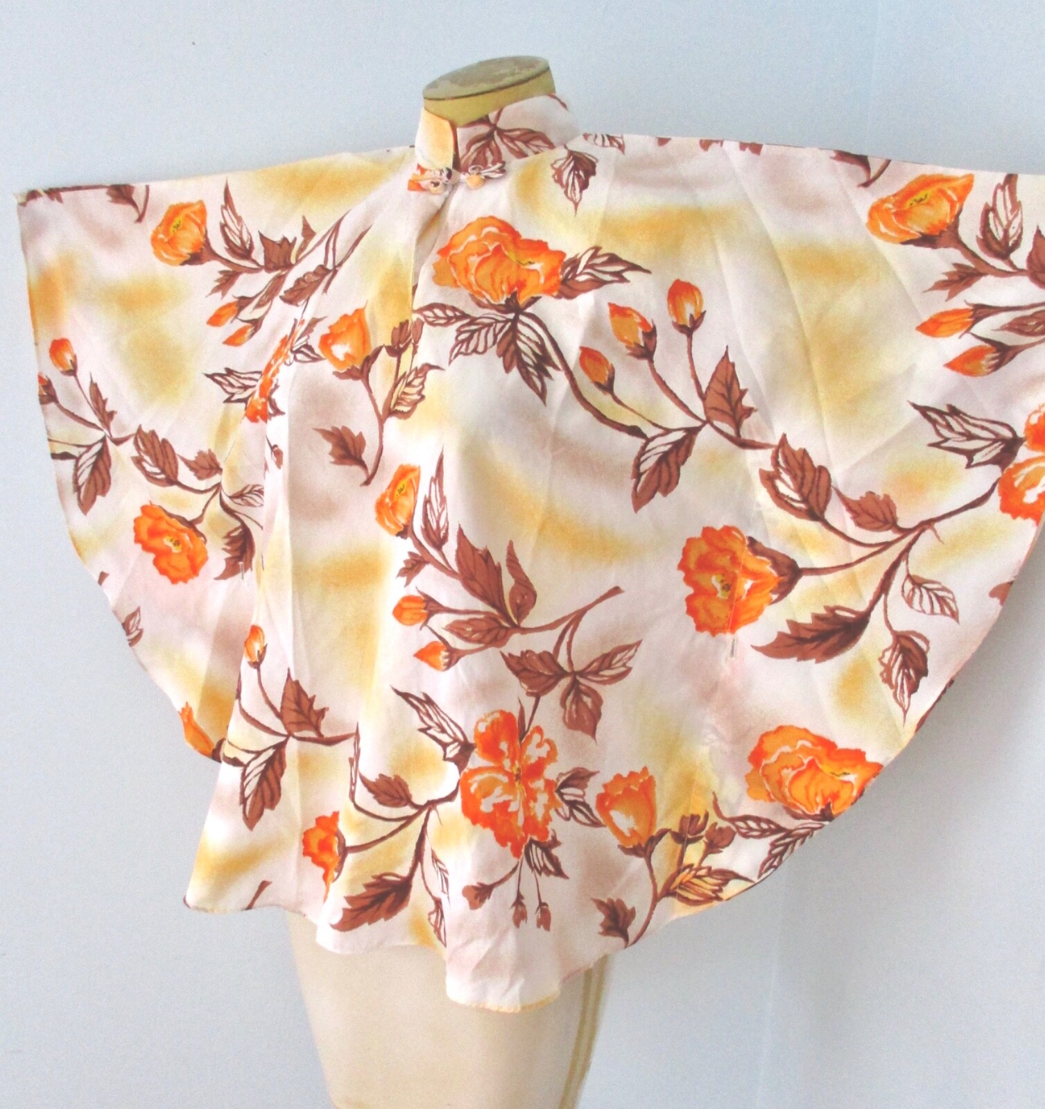 Vtg 60s 70s Hawaiian Palm Silky Poncho Cape Blouse Batwing Top Asian-Inspired M