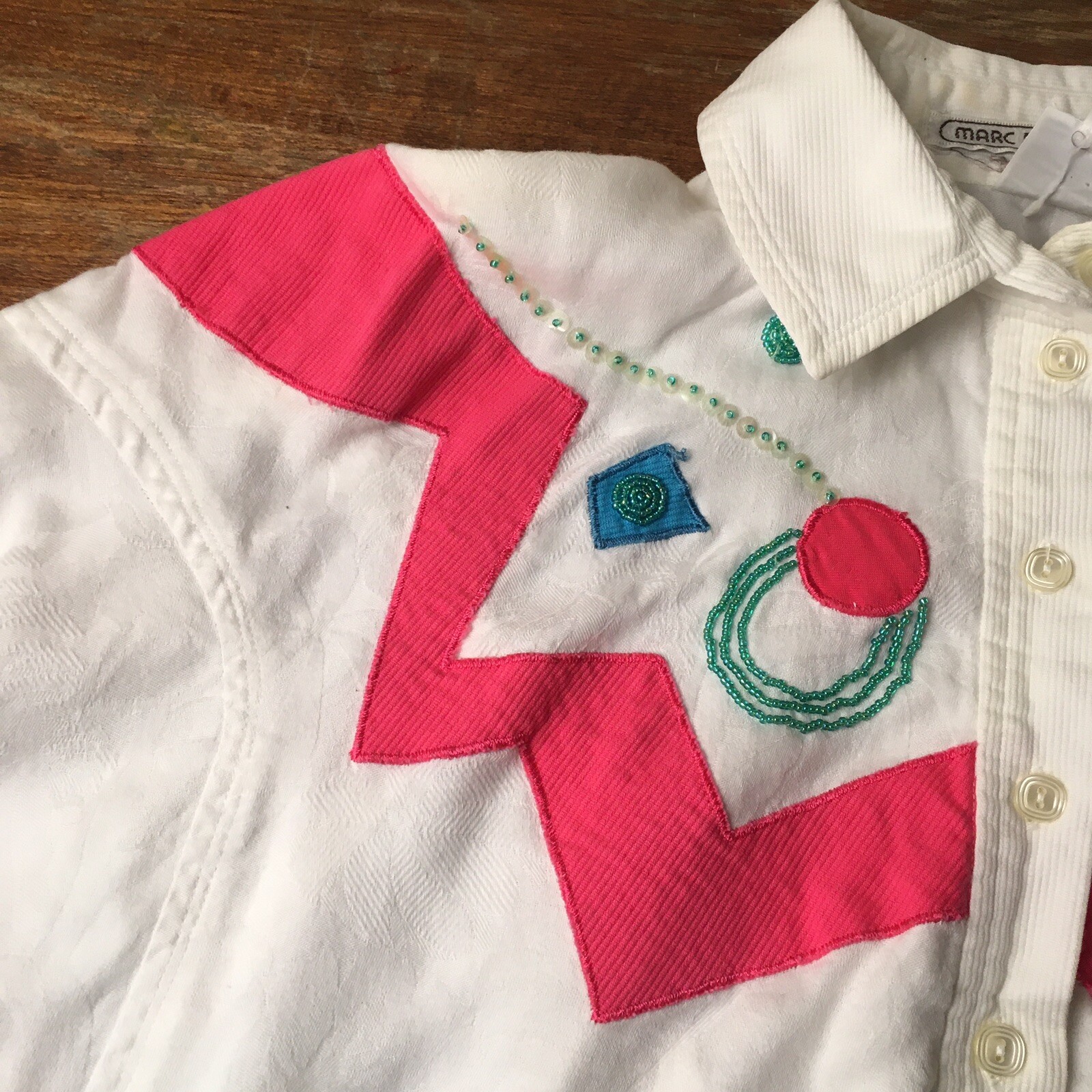 Marc D’alcy White Blouse With Geometric Patches and Beads 1980s Vintage