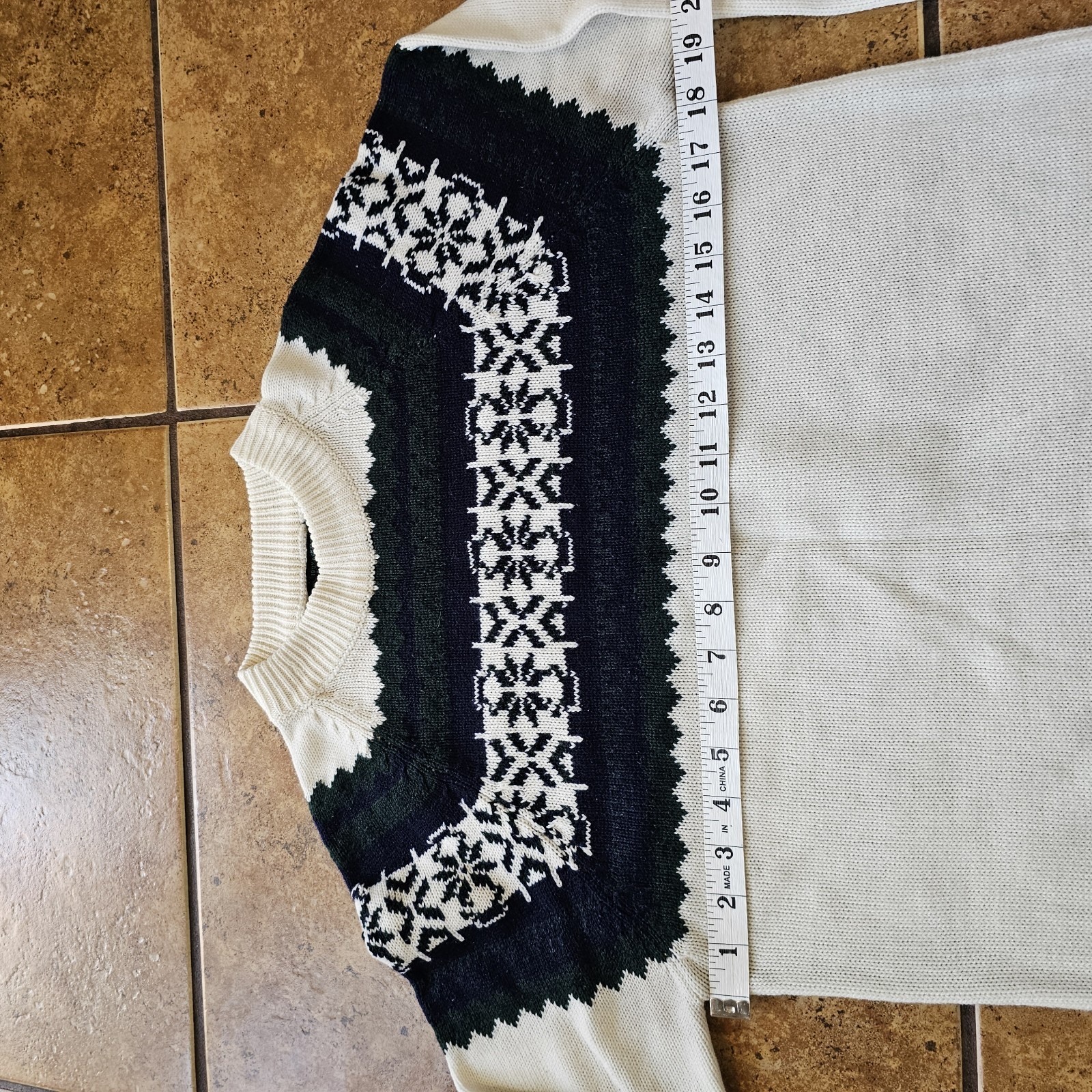 Vintage 60s Knit Sweater Fair Isle Medium Sigallo Cream Blue Green Ski Winter