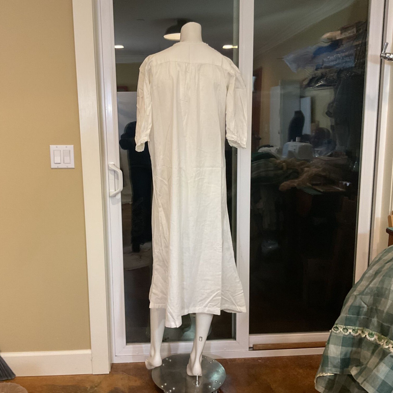 Antique cotton nightgown button front white cotton 3/4 sleeves Lace trim yoke