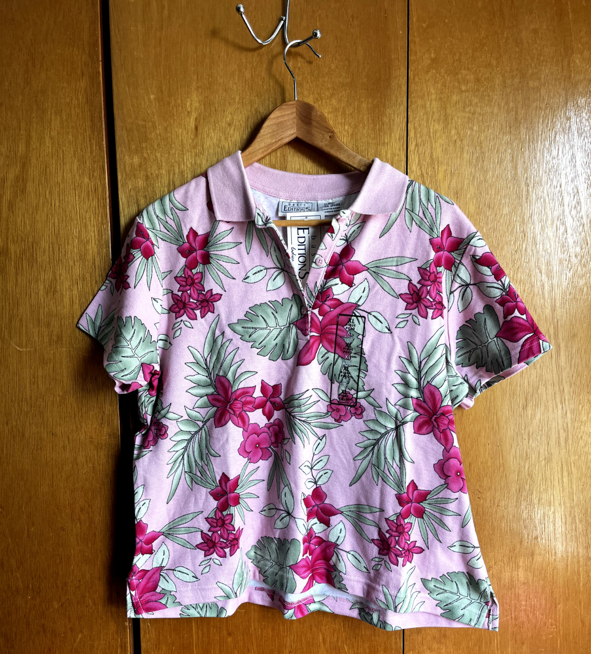 Vintage Women’s NOS Basic Editions Pink Floral Collared Polo XL 90s Y2K