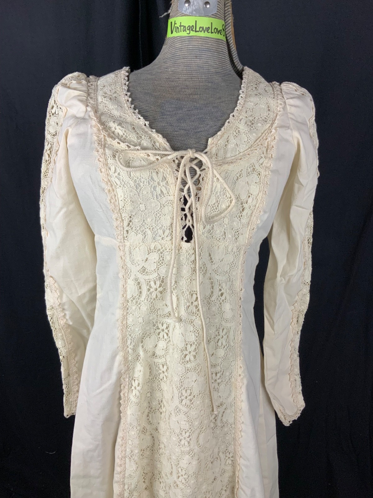 GUNNE SAX BY JESSICA Vtg 60s Ivory Lace Prairie BLACK LABEL Dress-Bust 33/2XS