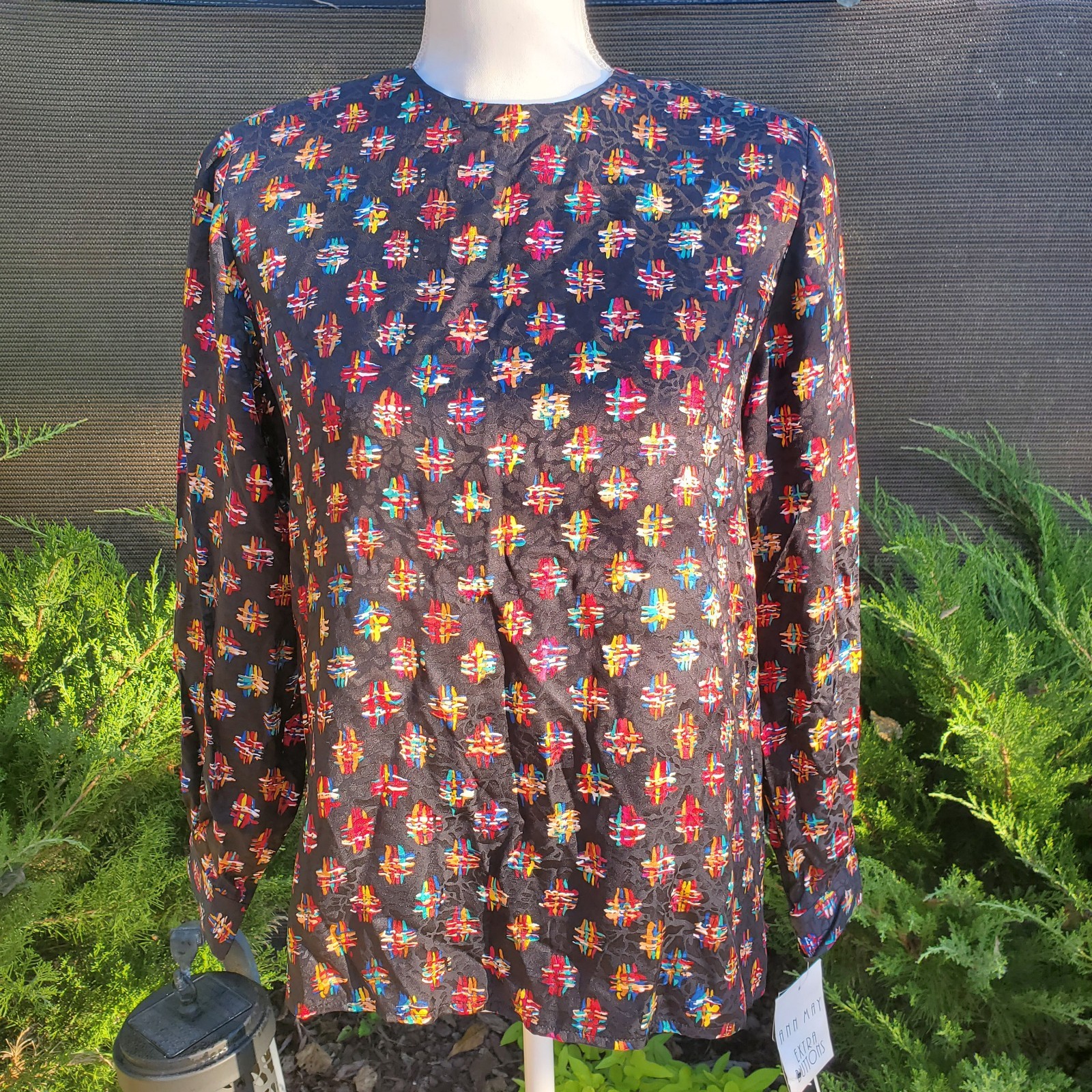 NEW Vintage 80’s Ann May 100% Silk Abstract Geo Art deco Retro Blouse Top XS