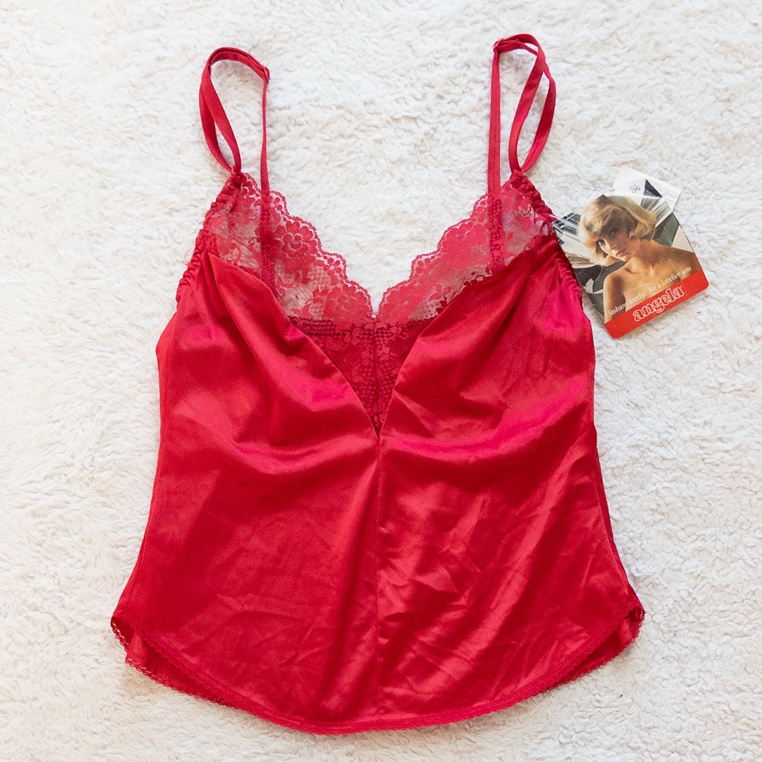 Vintage 80s Angela Red Lace Trim Camisole Cami Top NWT Size 36