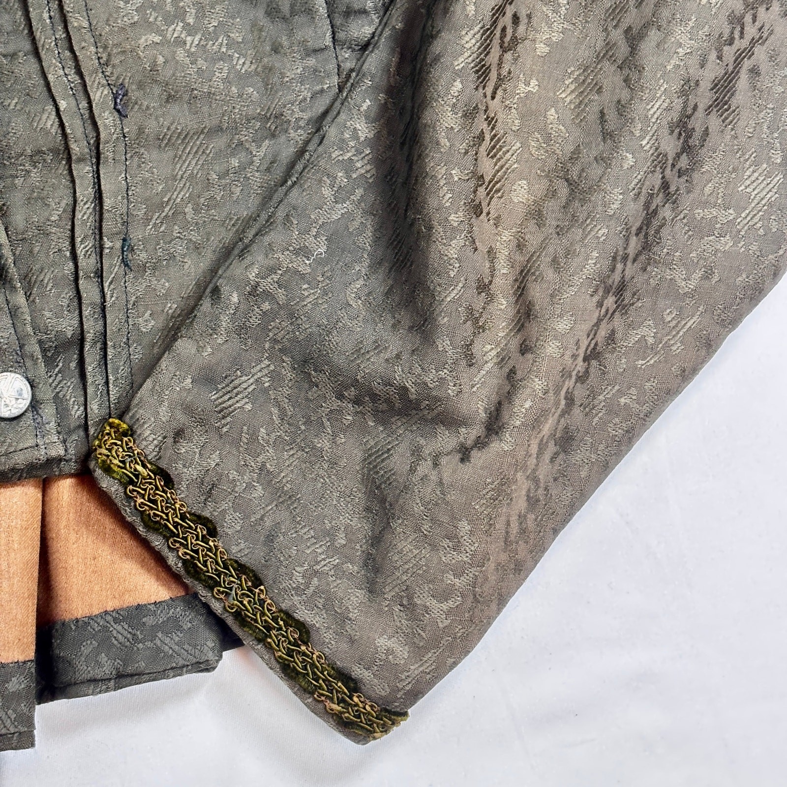 Antique Edwardian Moss Green Jacquard Wool Jacket Blouse Lace Floral Buttons