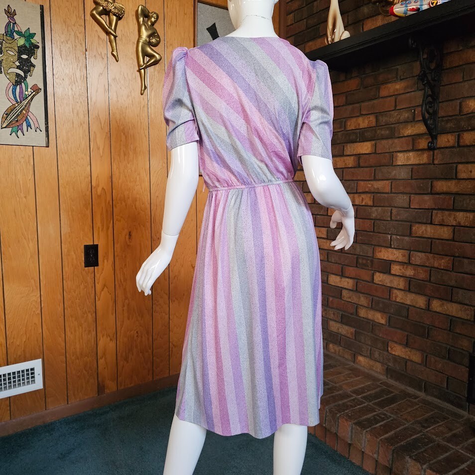 Vtg 80s Puff Sleeve Preppy Disco Studio 54 Rainbow Striped Day Party Dress M/L