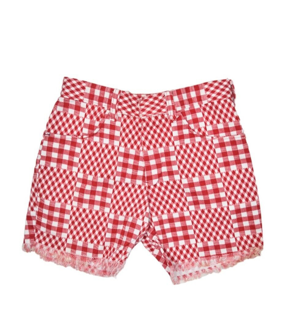 Vintage Plaid Shorts Womens 24 Picnic Patchwork Red Cut Off Fringe Pinup 70s