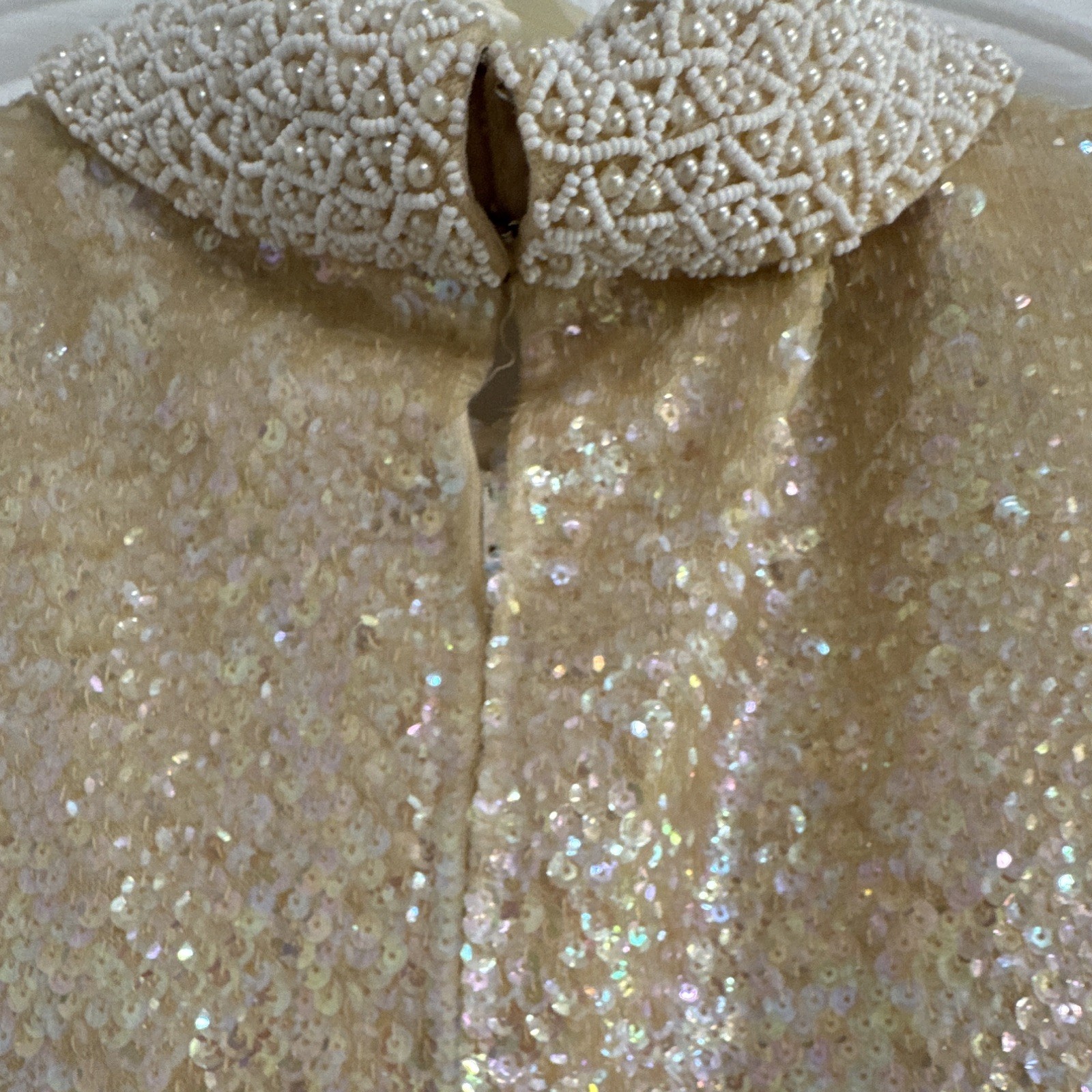 Vintage Ivory Iridescent Sequin Beaded Sleeveless Top Pearl Collar Glam Blouse