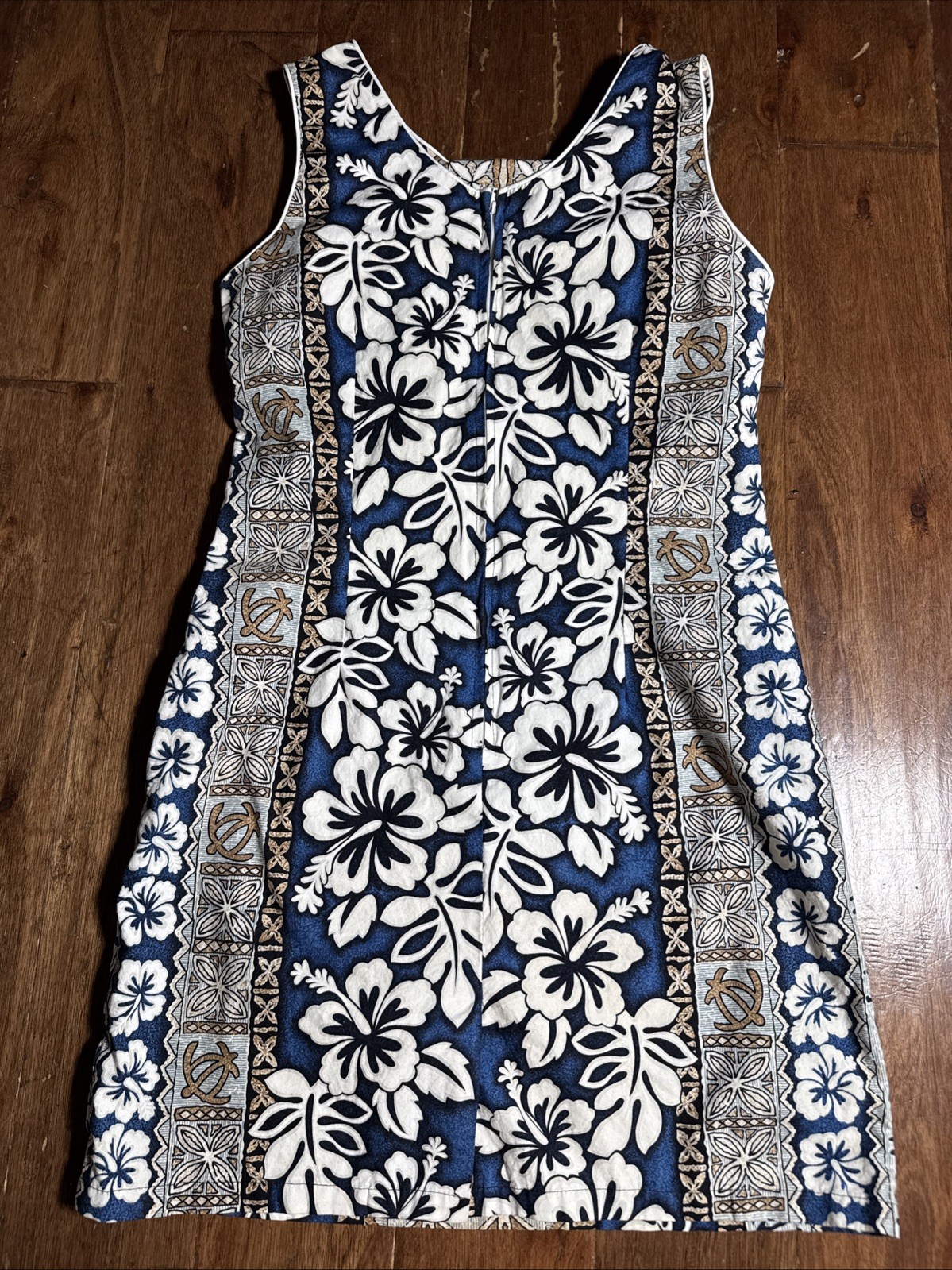 Y2K Maki’s Honolulu Hawaiian Polynesian Resortwear Midi Dress Blue White LARGE