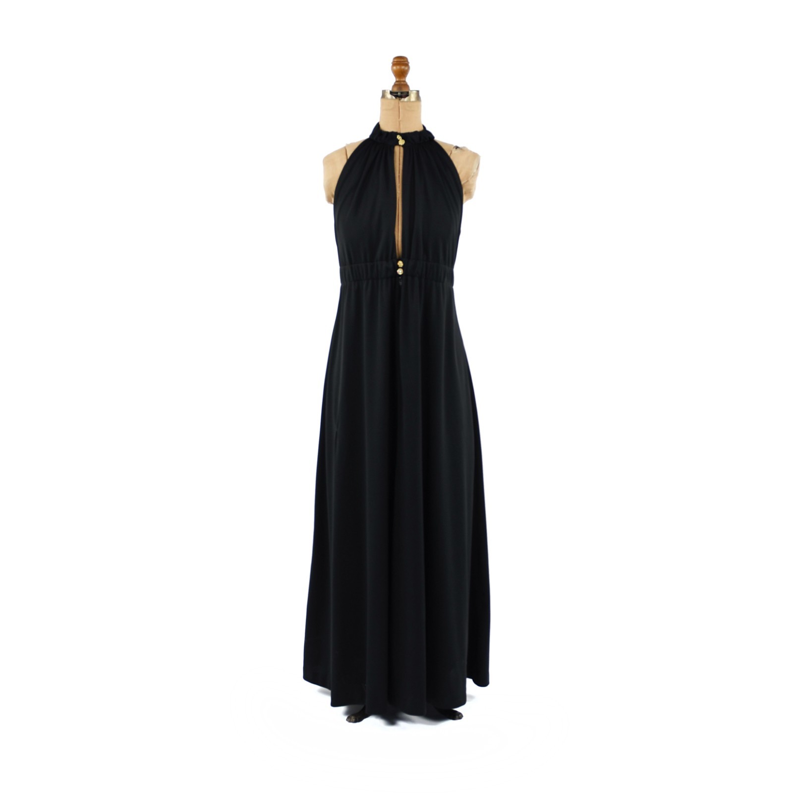 Vintage 70s Black Halter Keyhole Maxi Dress Gold Accent Buttons Disco Sleeveless