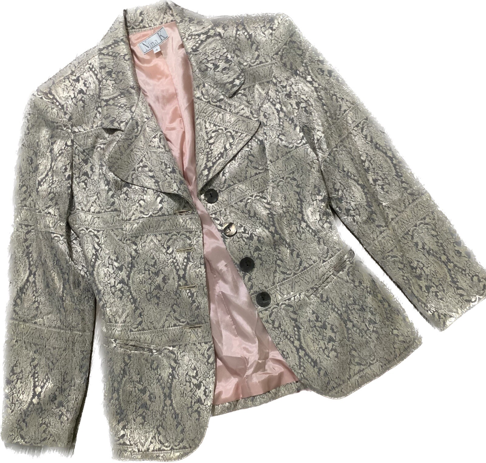 Vintage Nina K Silver Rayon Brocade Blazer Jacket Sz 4