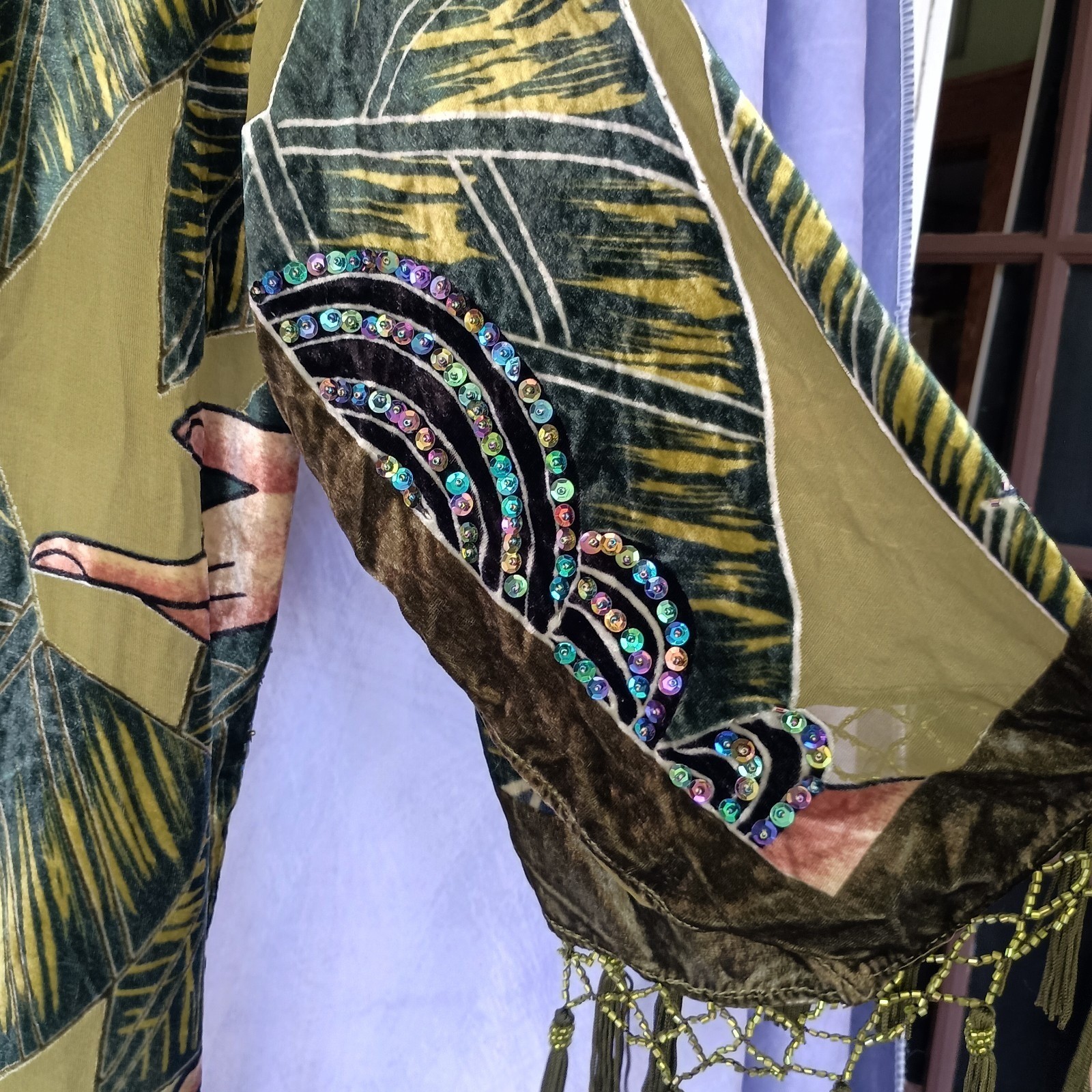Chico’s Vintage Olive Silk Velvet Burnout Tassel Beaded Kimono