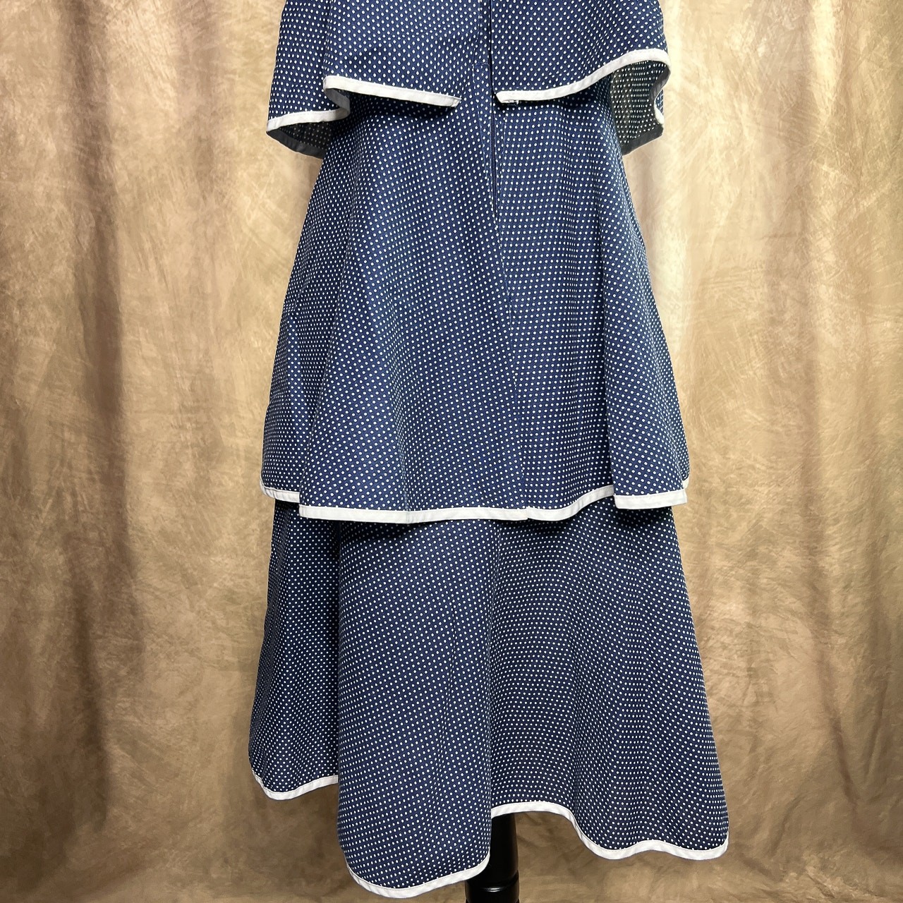 Vintage 70s Paper Moon by Yvette Tiered Layered Polka Dot Midi Dress Blue Beach