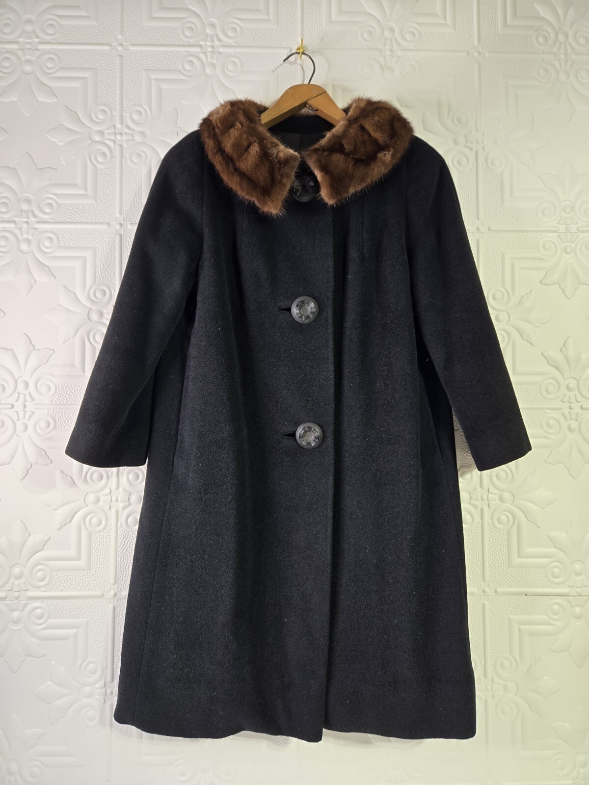 Vintage 40’s-60’s EINIGER Black Wool, Button-Down Fur Trim Collar Swing Coat