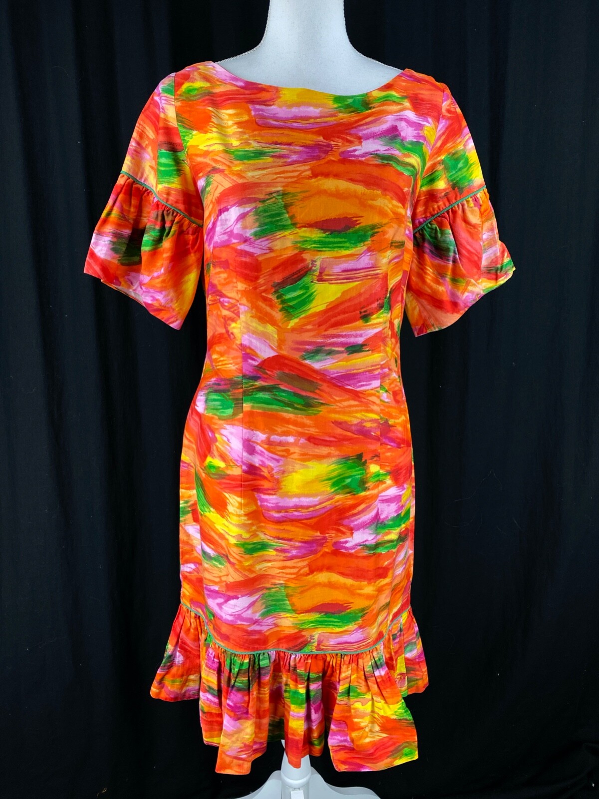 Sun Ray Arizona (Fits M) Peplum Neon Vtg 50s Boatneck Hawaiian Dress Brushstroke