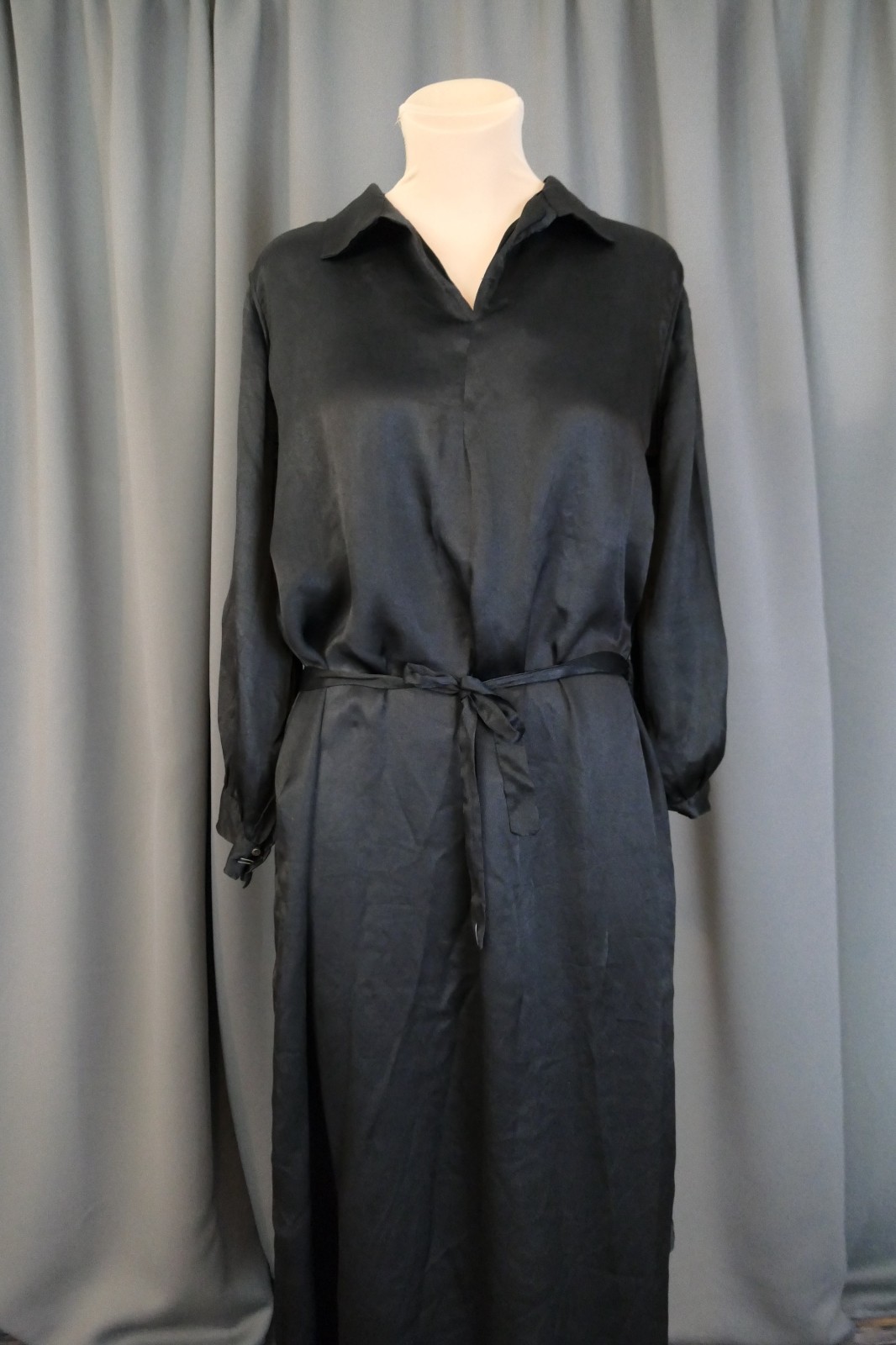 Damaged 1910s Black Silk Satin Dress, Eyelet Panel, 40 inch bust, Ankle length
