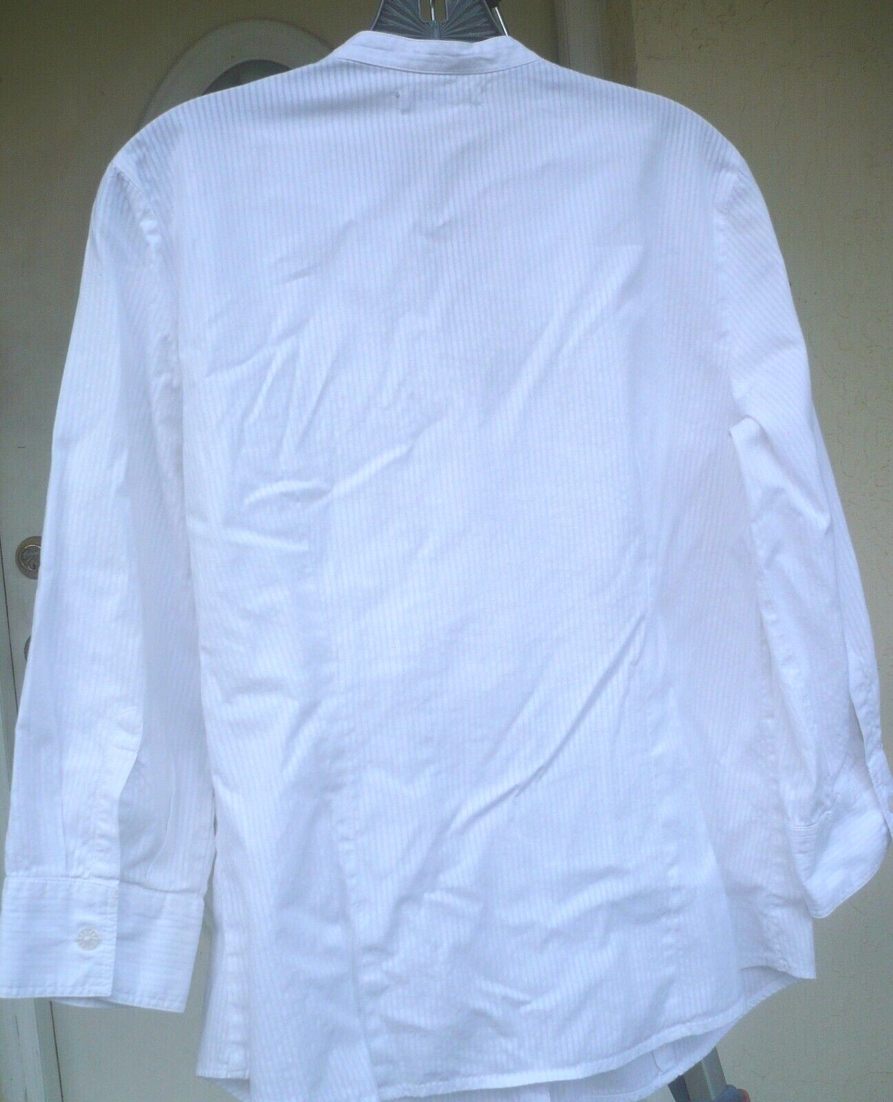 VTG 90S VAN HEUSEN STUDIO 100 COTTON FITTED RUFFLED SWIRL M WHITE LS BLOUSE LADY