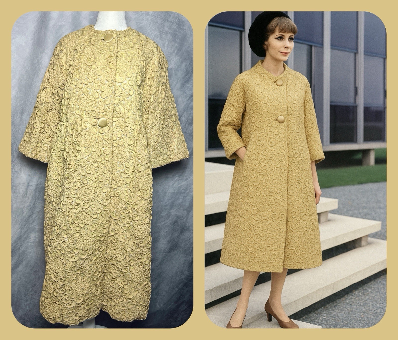 RARE Vintage 1960s Adele Ross Orginals Champagne Soutache Lace Evening Coat
