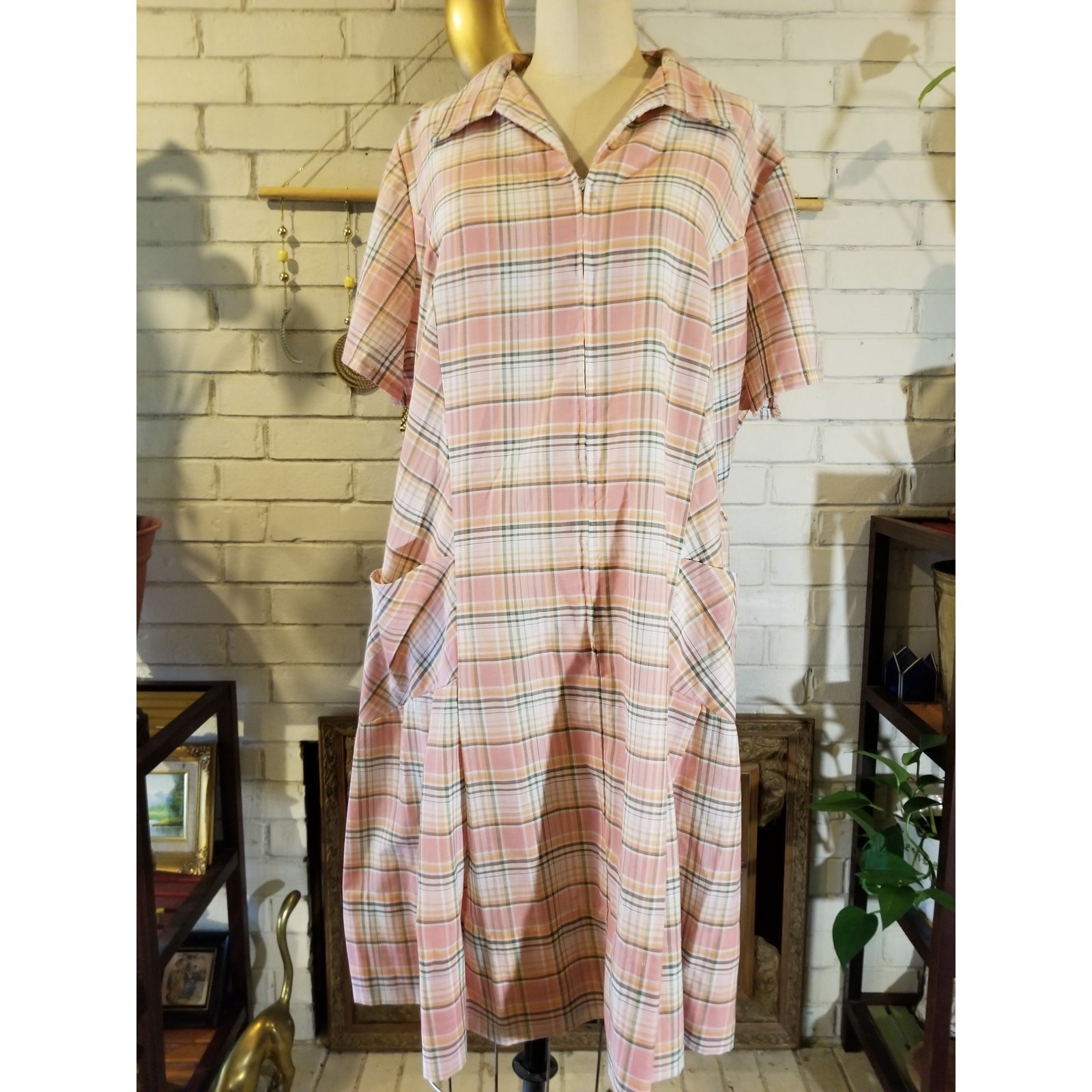 Vintage 70s Sears Pink Plaid Zip Front House Dress Pocket Belted XL 1X