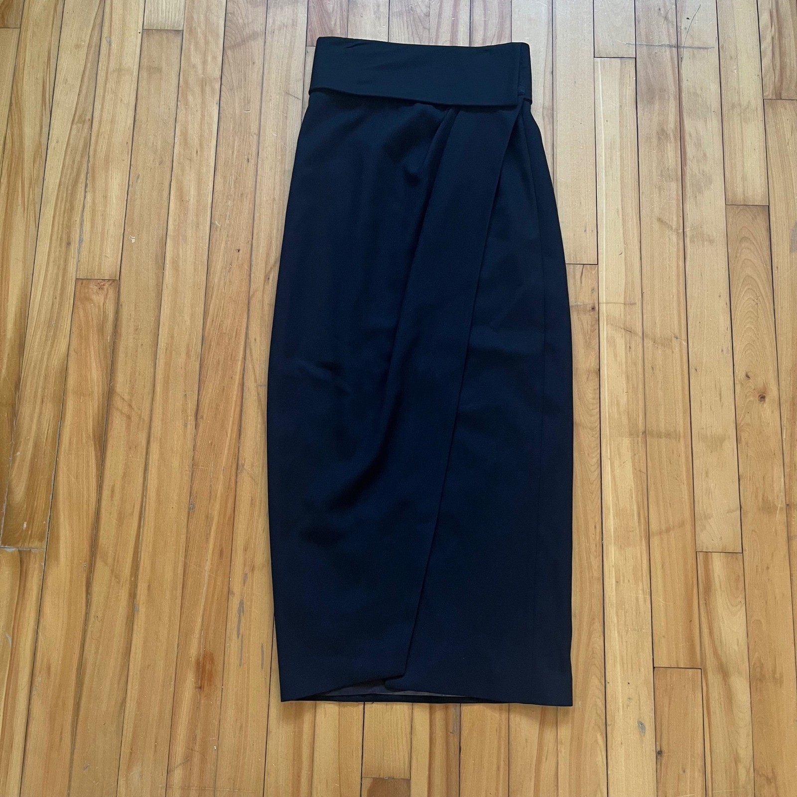 Emporio Armani Vintage Black Wrap Midi Skirt High Waist Wool Made in Italy Sz 42