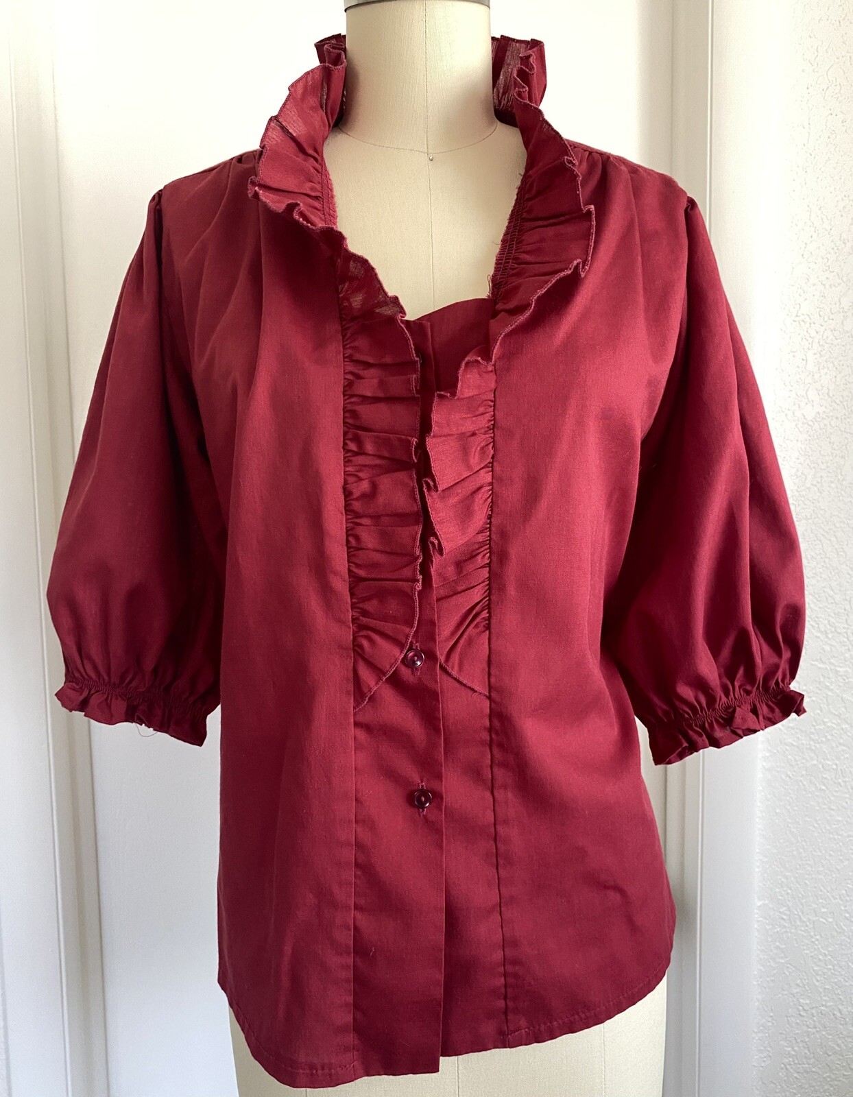 Women’s Vintage 70’s Boho Prairie Cottagecore Full Sleeve Maroon Blouse Ruffle S