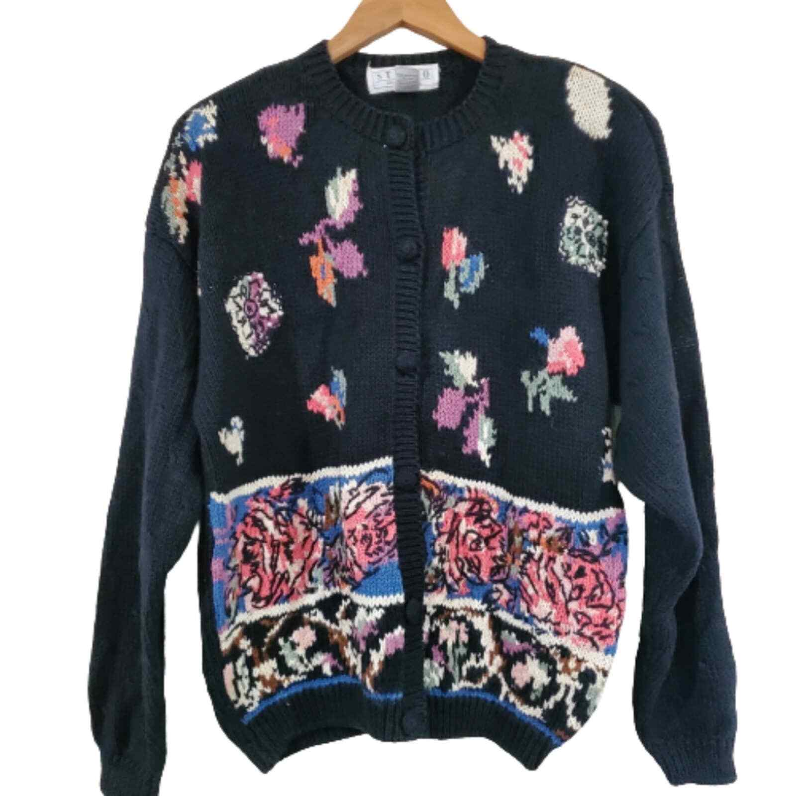 Michelle Stuart Studio Vintage 90’s Black Floral Knit Cardigan Size Large