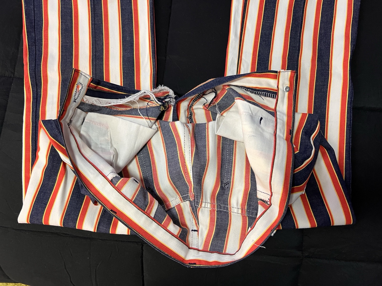 Vintage 70s Handmade Pants Black Orange & White Stripes 28×28.5